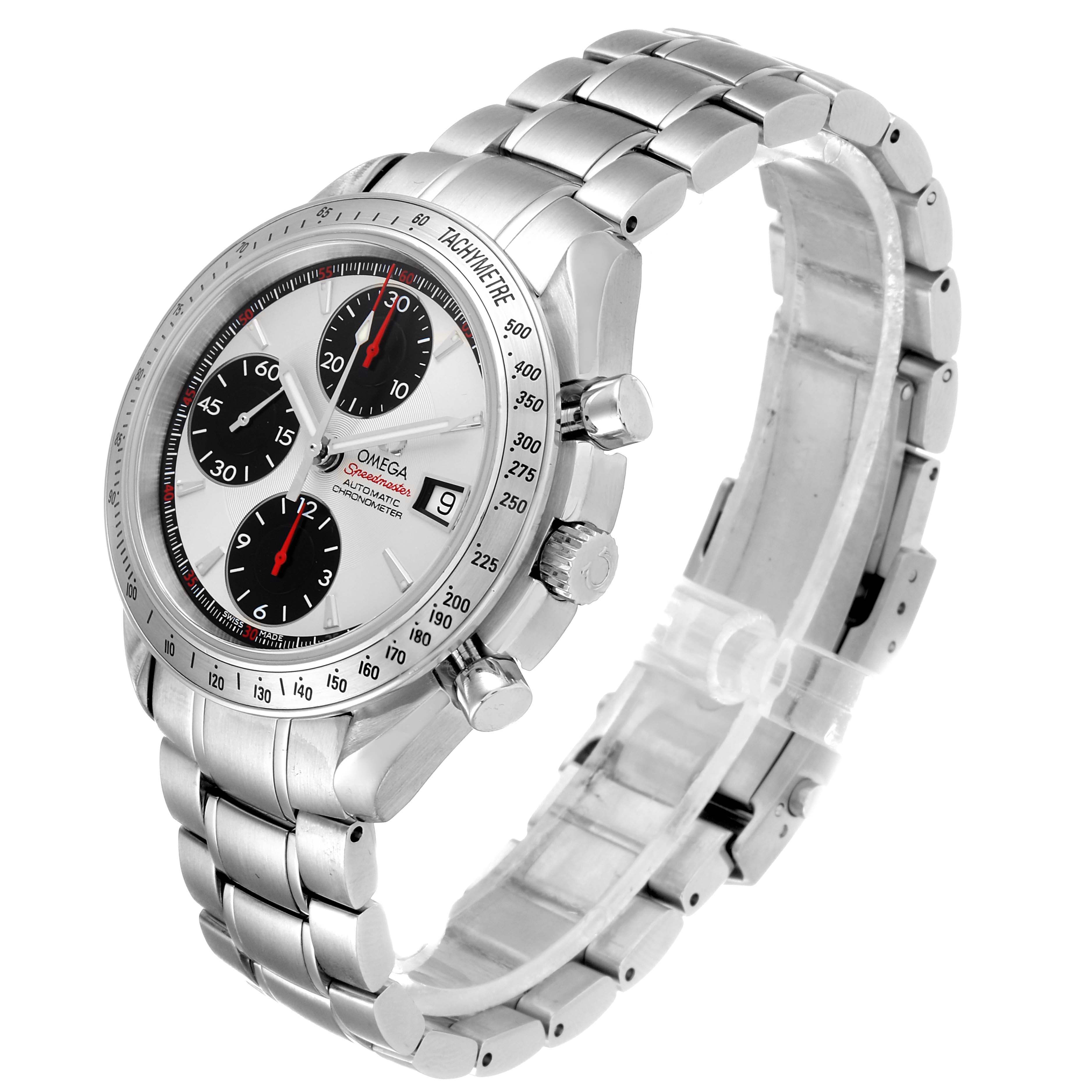 This image shows an Omega Speedmaster 3211.31.00 Men
s Stainless Steel Silver Dial 3211.31.00 Men
s Stainless Steel Silver Dial watch at a three-quarter angle, highlighting the face, bezel, pushers, and metal bracelet.