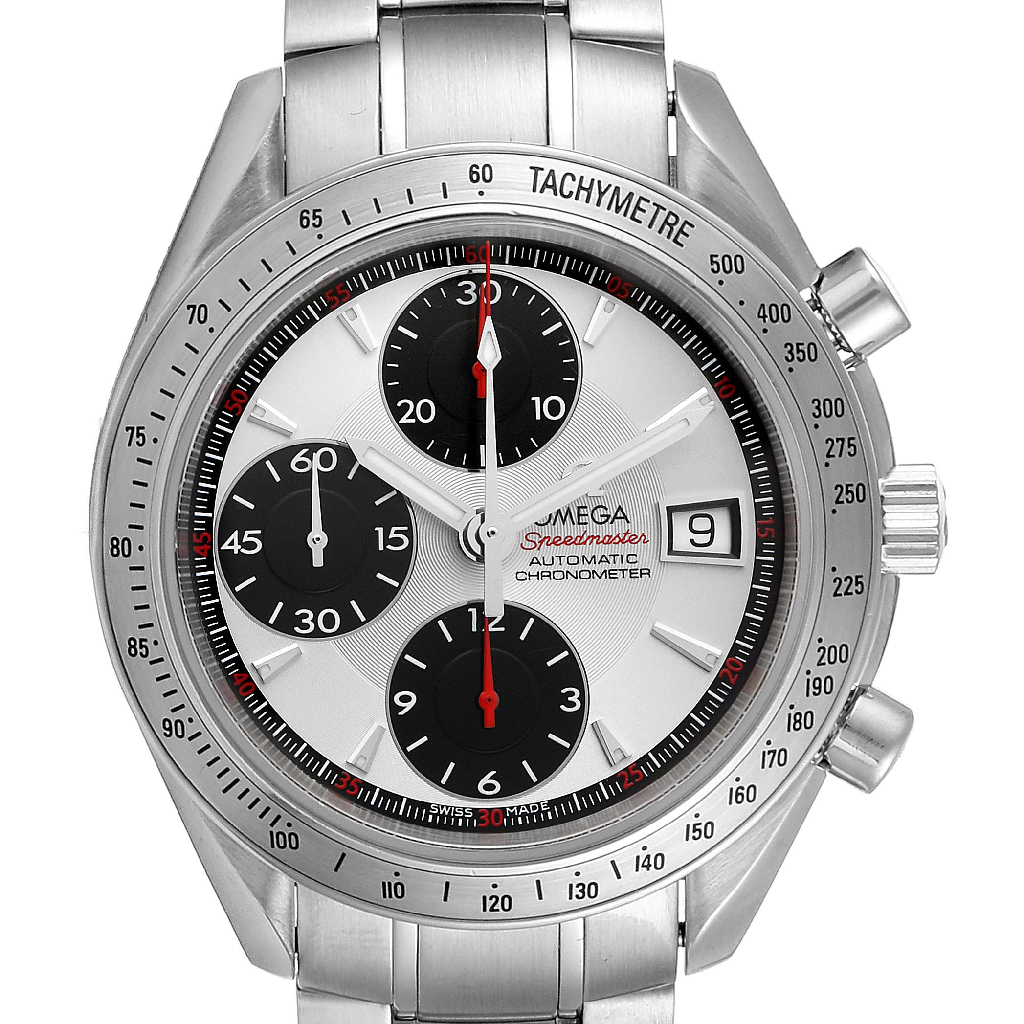 The image shows a front view of an Omega Speedmaster 3211.31.00 Men
s Stainless Steel Silver Dial 3211.31.00 Men
s Stainless Steel Silver Dial watch, highlighting its chronograph dials, tachymeter bezel, and date window.