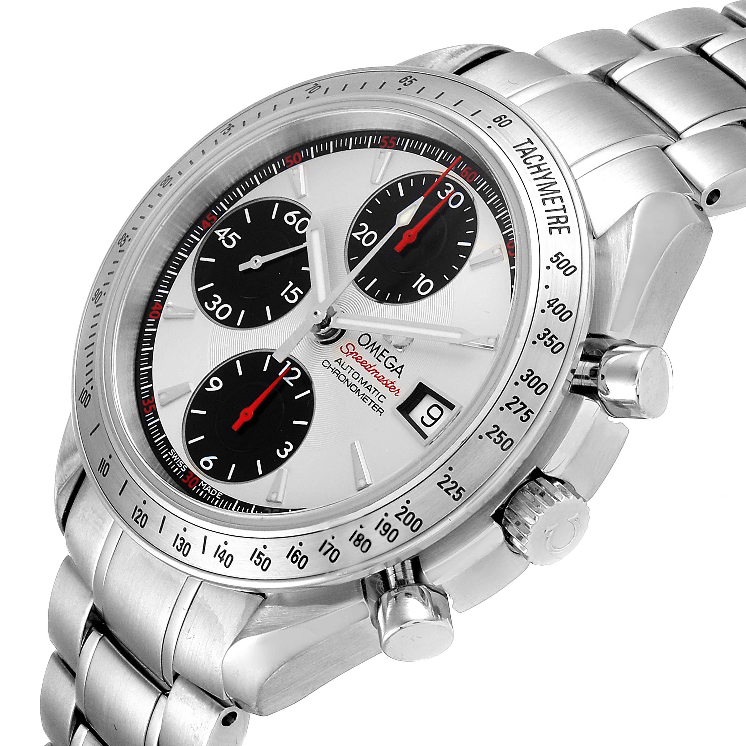 This Omega Speedmaster 3211.31.00 Men
s Stainless Steel Silver Dial 3211.31.00 Men
s Stainless Steel Silver Dial watch is shown from a 3/4 angle with a clear view of the dial, bezel, pushers, and part of the bracelet.