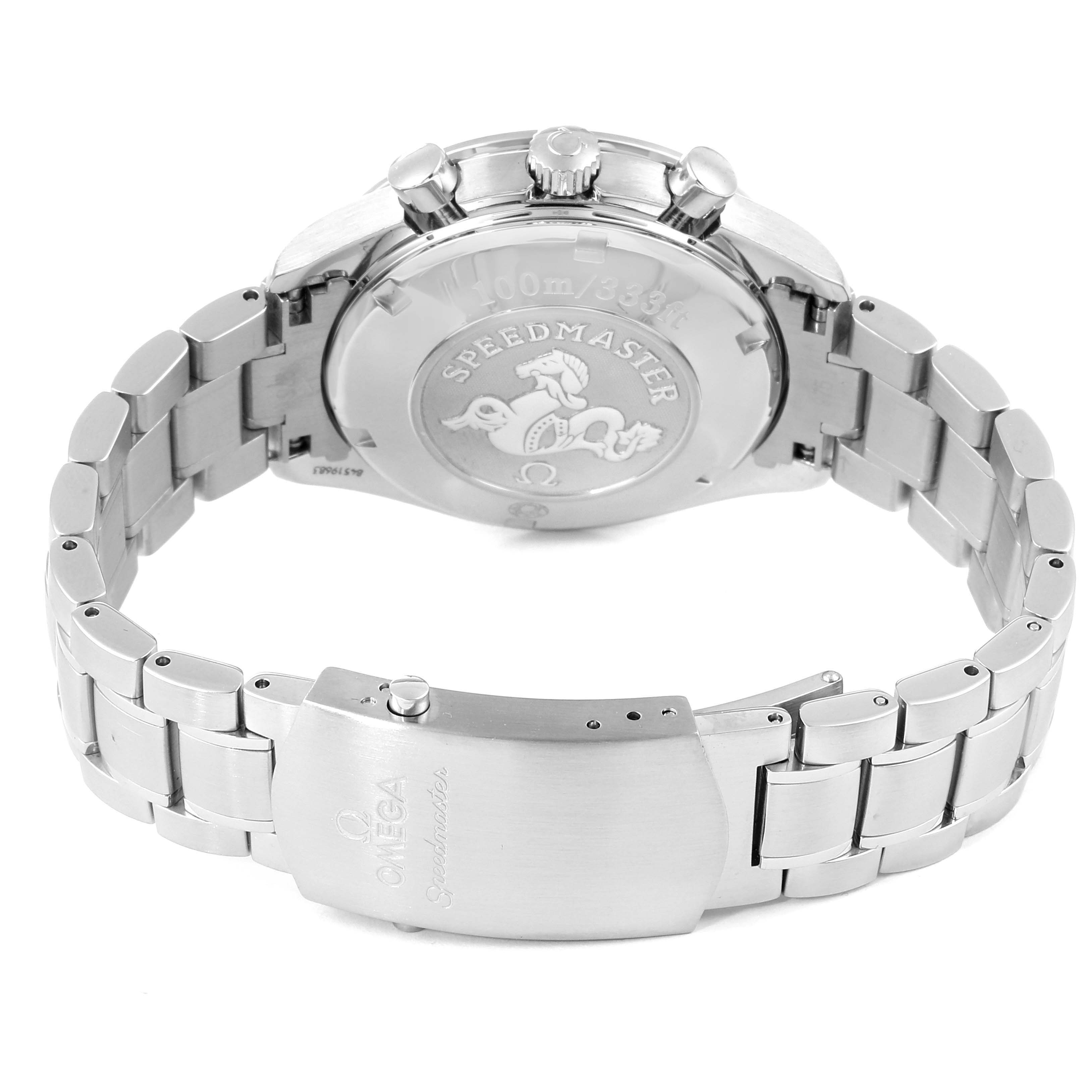 The image shows the rear view of an Omega Speedmaster 3211.31.00 Men
s Stainless Steel Silver Dial 3211.31.00 Men
s Stainless Steel Silver Dial watch, highlighting the case back, bracelet, and clasp.