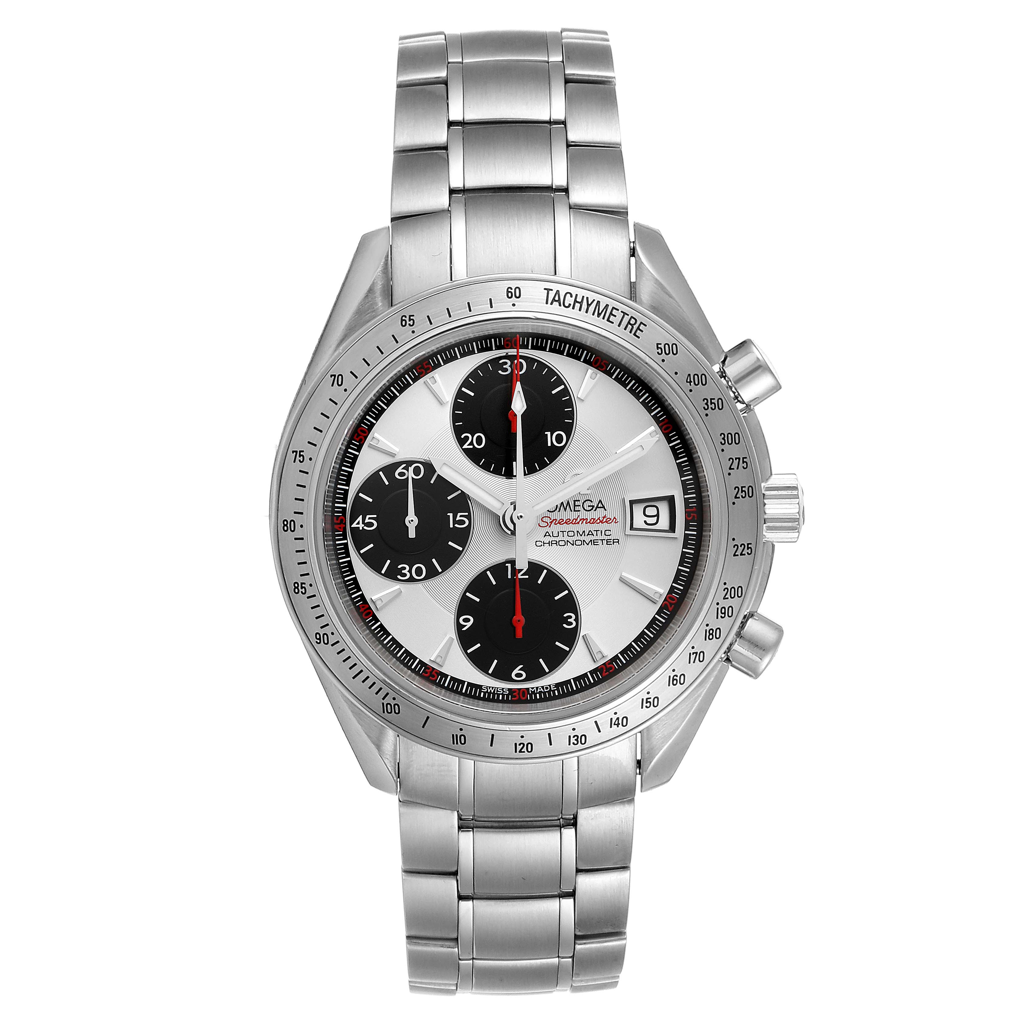 The image shows a front view of the Omega Speedmaster 3211.31.00 Men
s Stainless Steel Silver Dial 3211.31.00 Men
s Stainless Steel Silver Dial watch, displaying its face, tachymeter, and metal bracelet.
