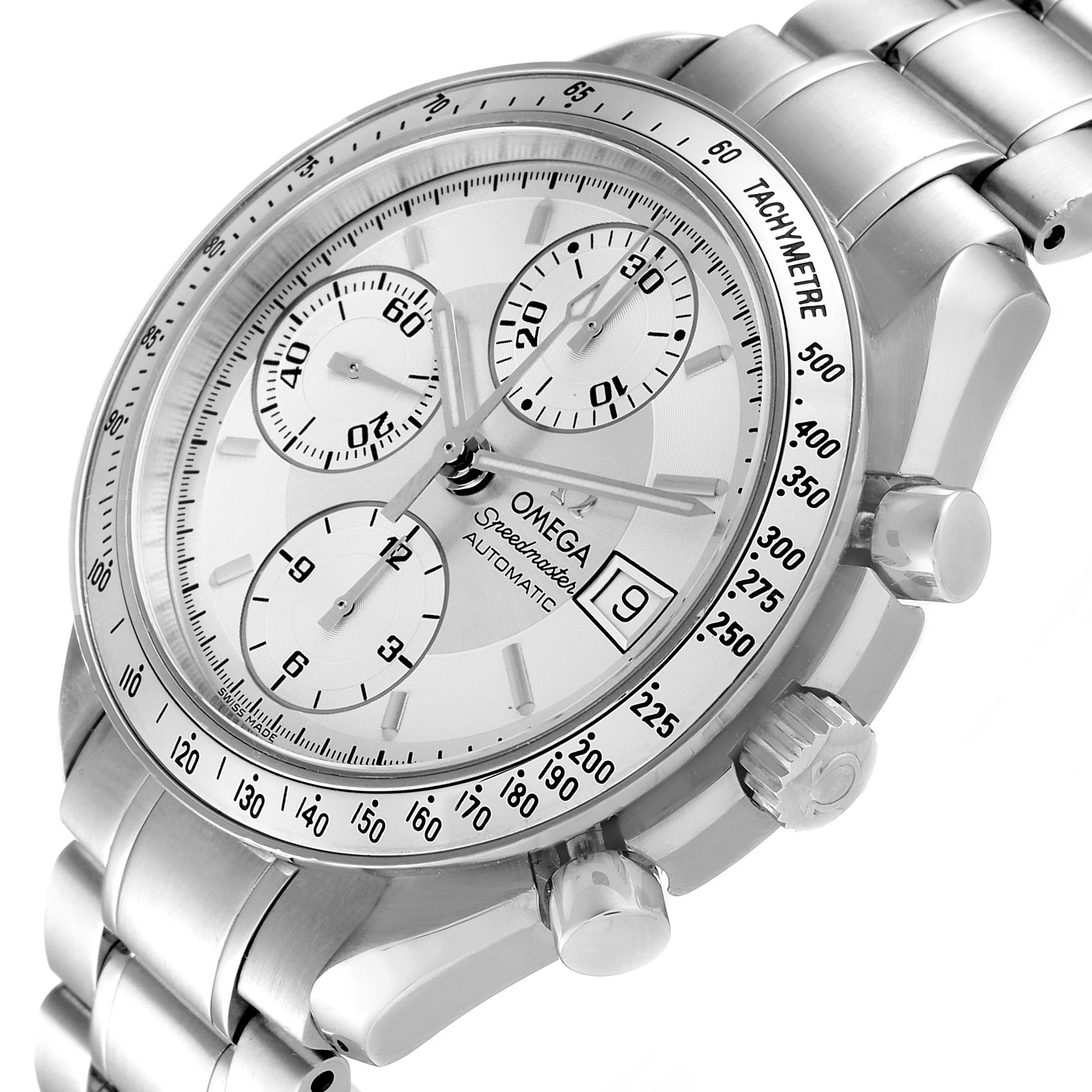 This image shows an angled view of an Omega Speedmaster 3513.30.00 Men
s Stainless Steel Silver Dial 3513.30.00 Men
s Stainless Steel Silver Dial watch displaying its dial, chronograph sub-dials, and tachymeter bezel.