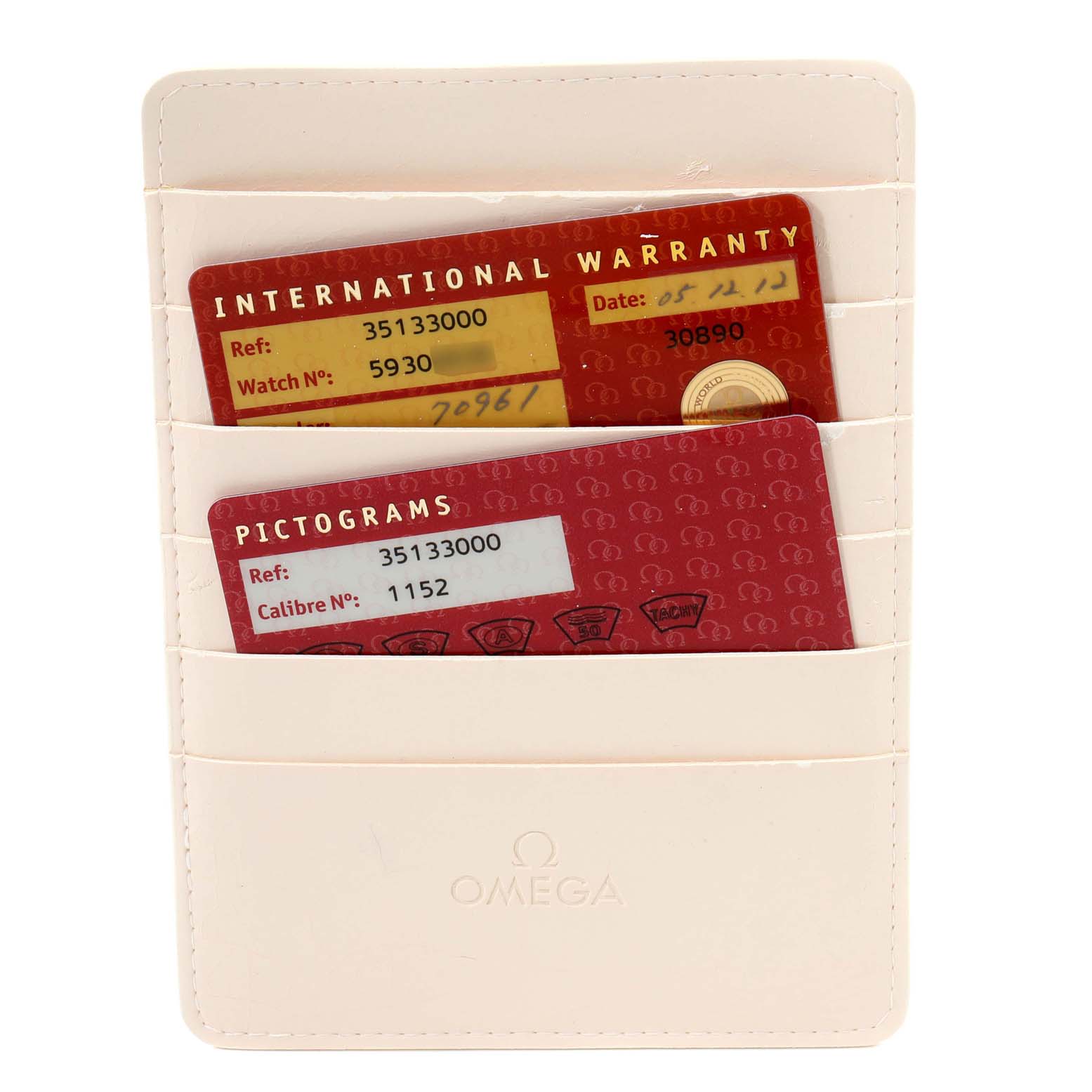 The image shows the warranty cards and a pictogram card for an Omega Speedmaster 3513.30.00 Men
s Stainless Steel Silver Dial 3513.30.00 Men
s Stainless Steel Silver Dial in a cardholder, viewed from the front.