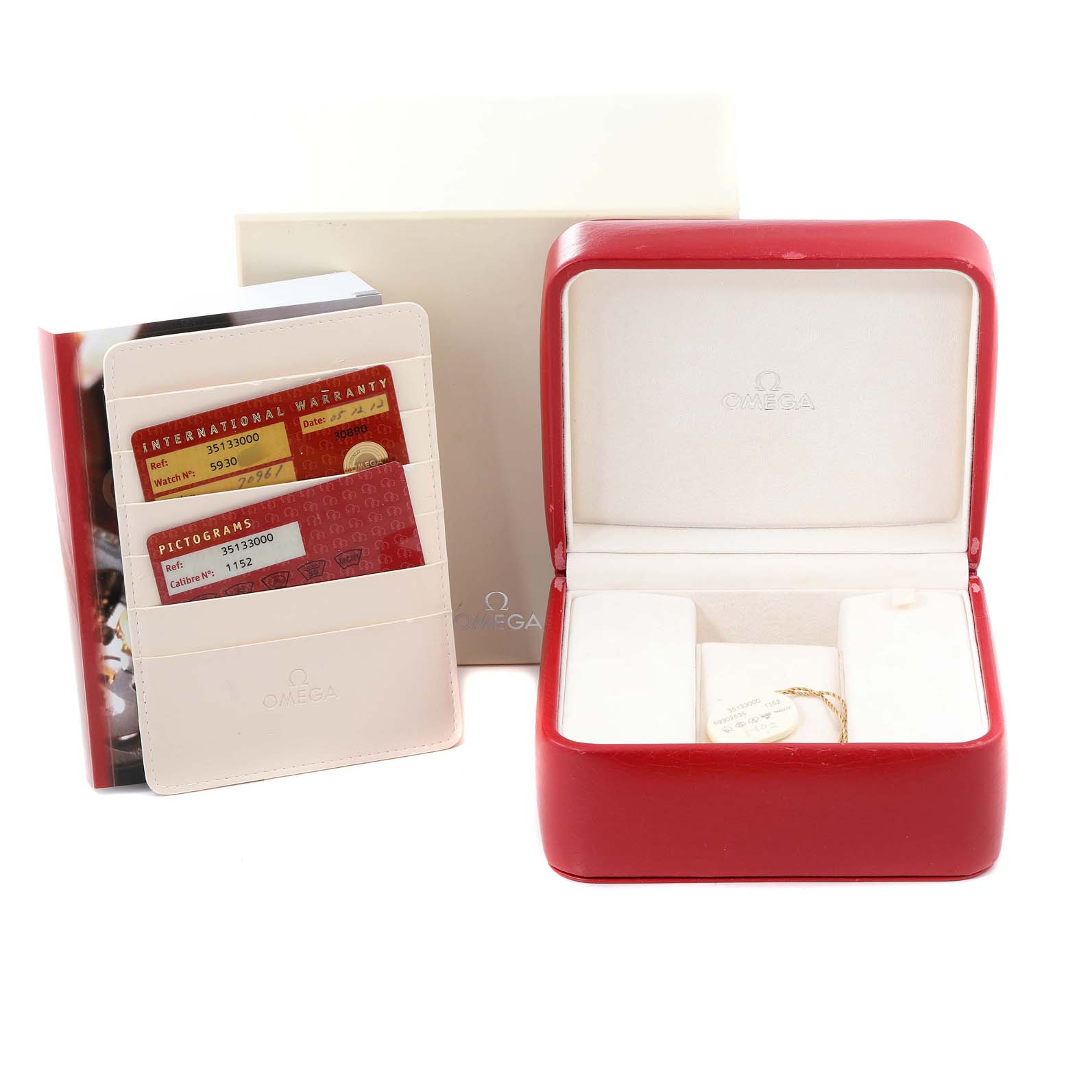 The image shows the packaging, warranty cards, and box for the Omega Speedmaster 3513.30.00 Men
s Stainless Steel Silver Dial 3513.30.00 Men
s Stainless Steel Silver Dial model watch.