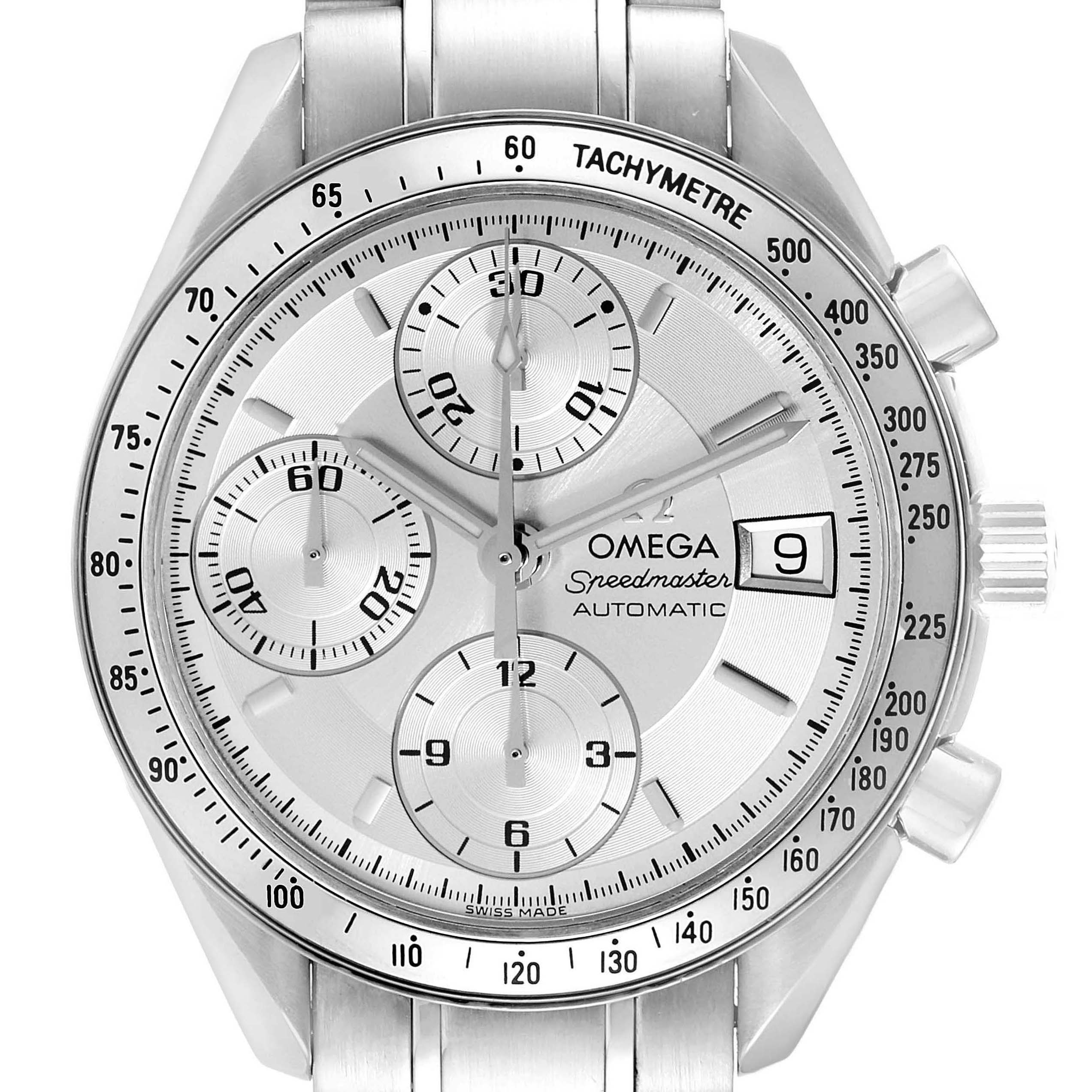The image shows a front view of an Omega Speedmaster 3513.30.00 Men
s Stainless Steel Silver Dial 3513.30.00 Men
s Stainless Steel Silver Dial watch, displaying the dial, subdials, and tachymeter bezel.