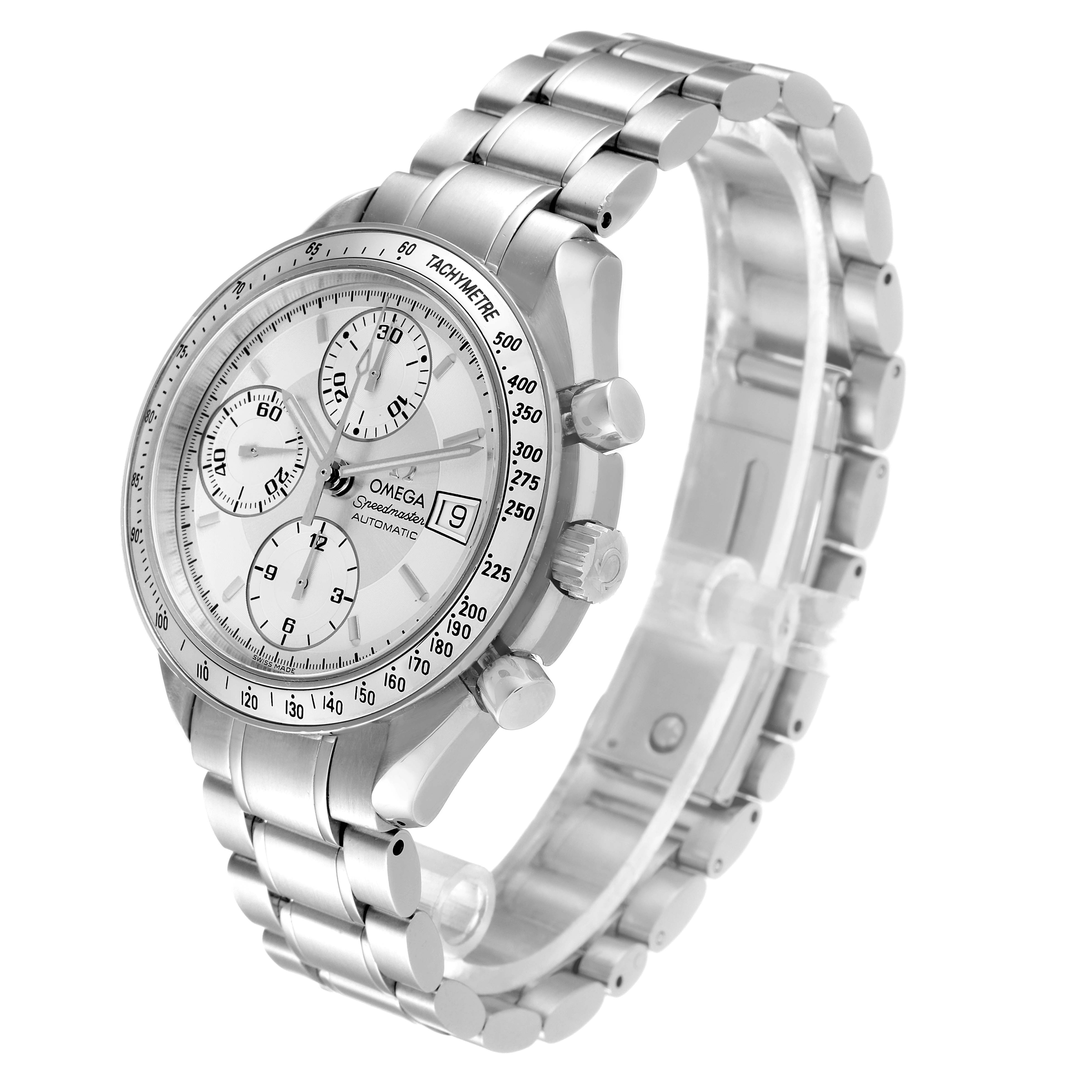 The Omega Speedmaster 3513.30.00 Men
s Stainless Steel Silver Dial 3513.30.00 Men
s Stainless Steel Silver Dial watch is shown at an oblique angle, displaying its face, bezel, crown, pushers, and stainless steel bracelet.