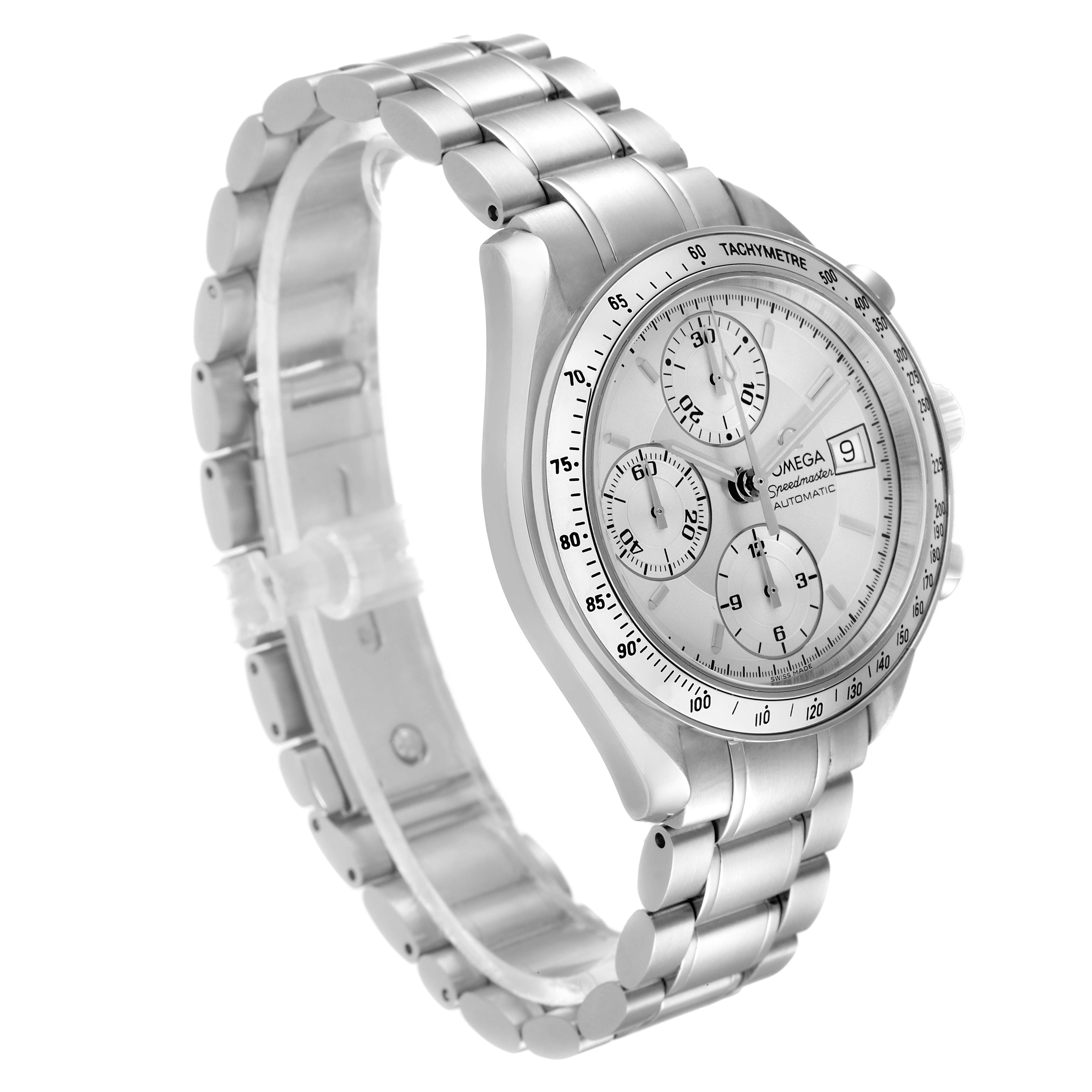 The image shows a side view of the Omega Speedmaster 3513.30.00 Men
s Stainless Steel Silver Dial 3513.30.00 Men
s Stainless Steel Silver Dial, highlighting the bracelet, tachymeter bezel, and chronograph subdials.