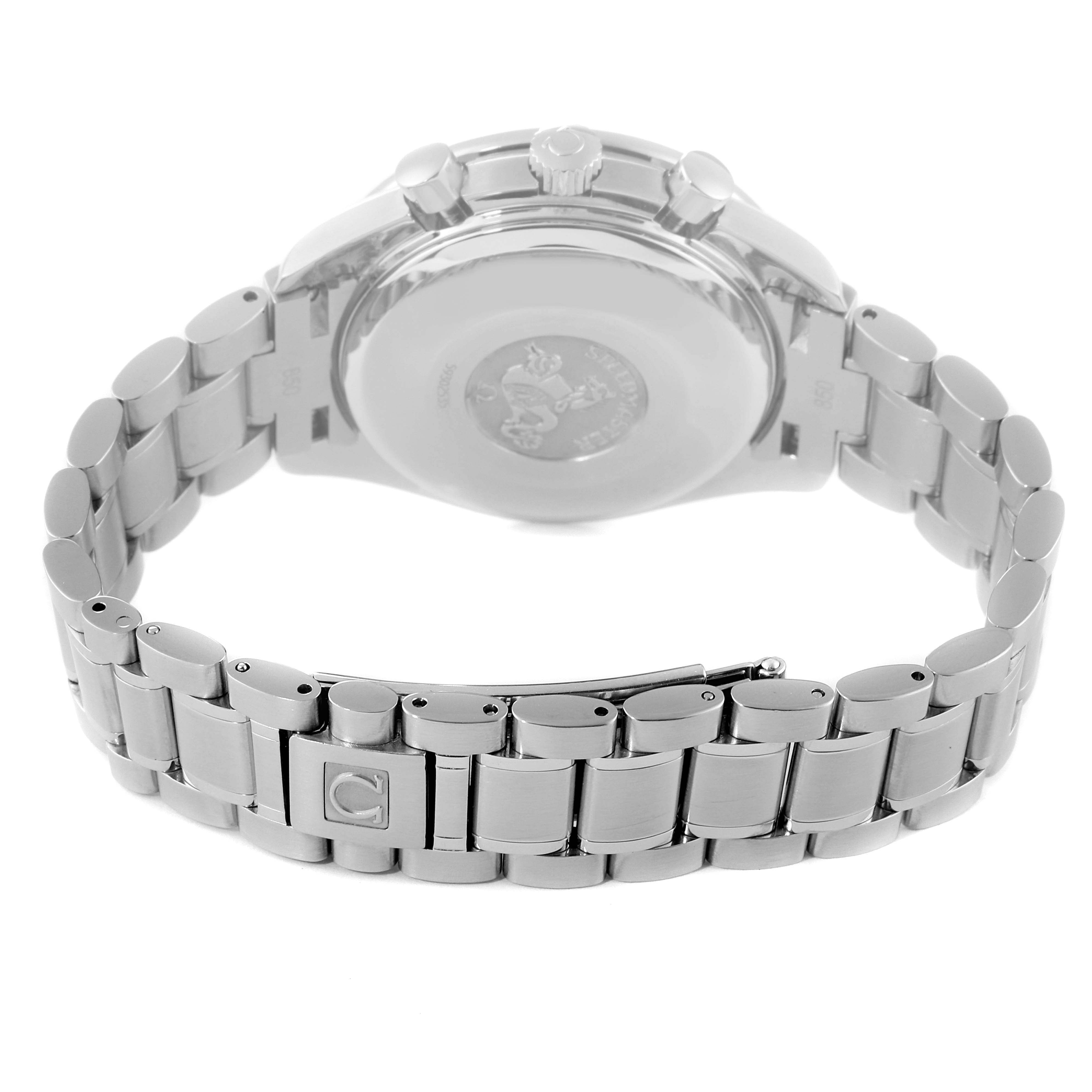This image shows the back view of an Omega Speedmaster 3513.30.00 Men
s Stainless Steel Silver Dial 3513.30.00 Men
s Stainless Steel Silver Dial watch, focusing on the bracelet and clasp.