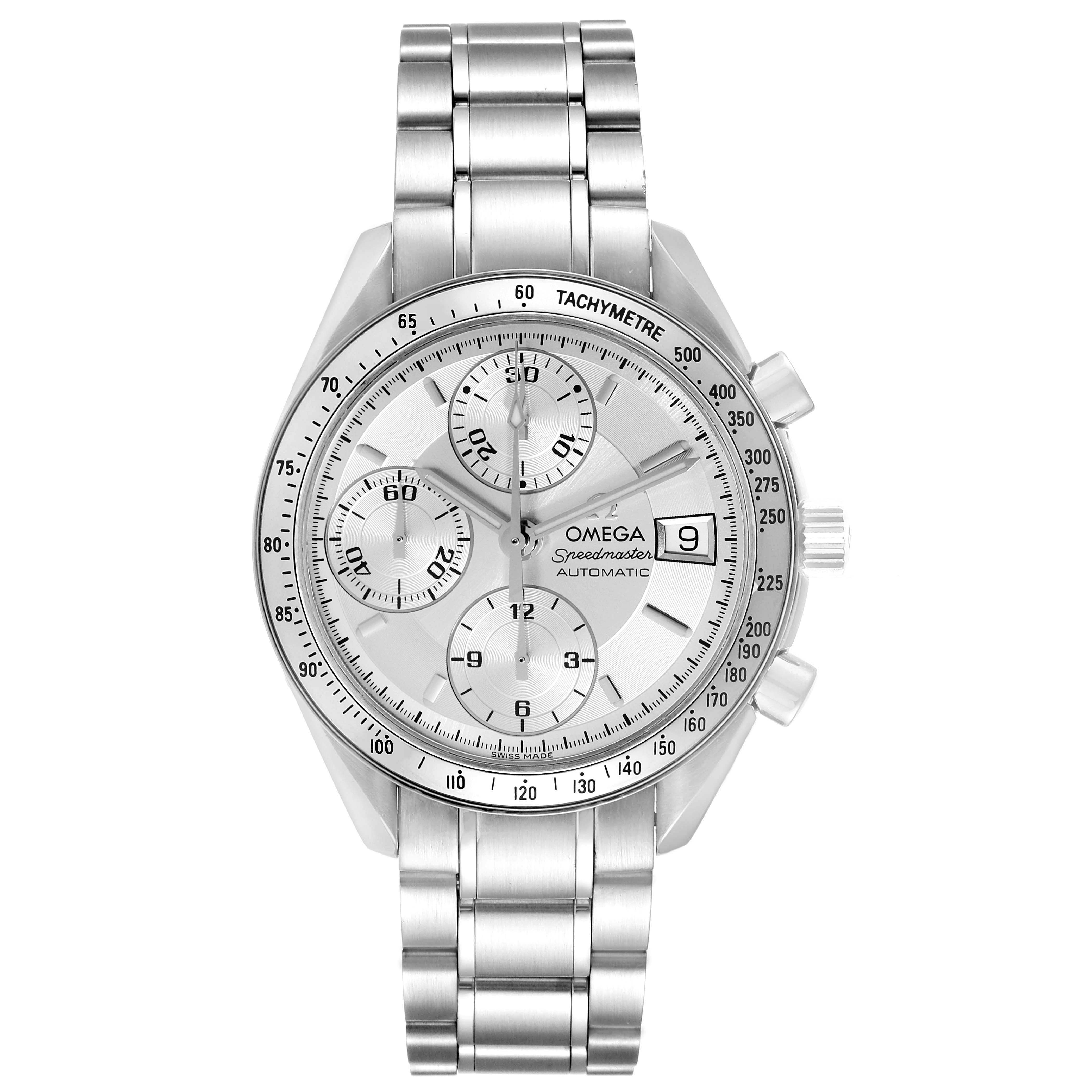 This image shows an Omega Speedmaster 3513.30.00 Men
s Stainless Steel Silver Dial 3513.30.00 Men
s Stainless Steel Silver Dial watch from a front angle, displaying the dial, chronograph sub-dials, and metal bracelet.