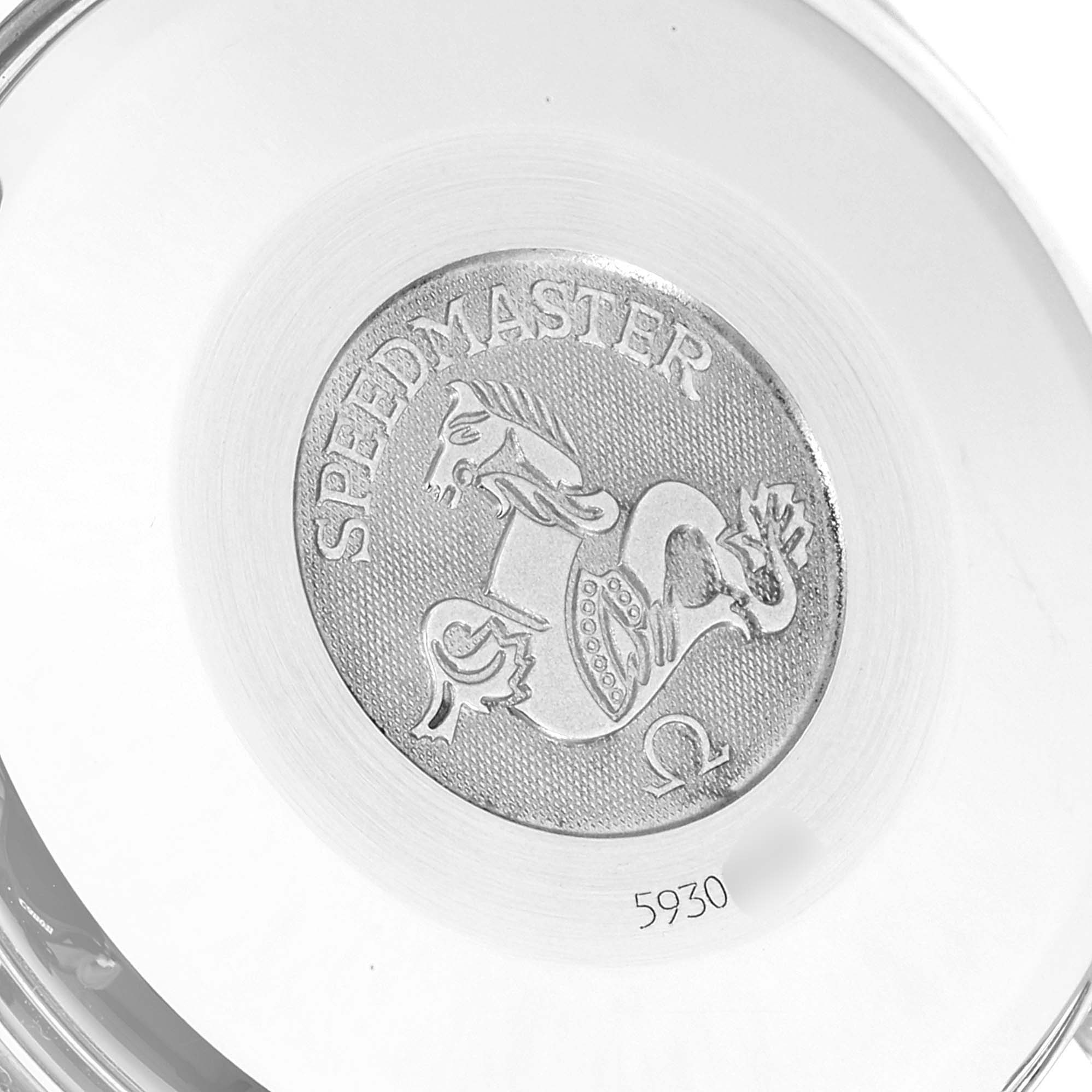 The image shows the case back of an Omega Speedmaster 3513.30.00 Men
s Stainless Steel Silver Dial 3513.30.00 Men
s Stainless Steel Silver Dial watch, featuring the Speedmaster logo and an engraving of the number 5930.