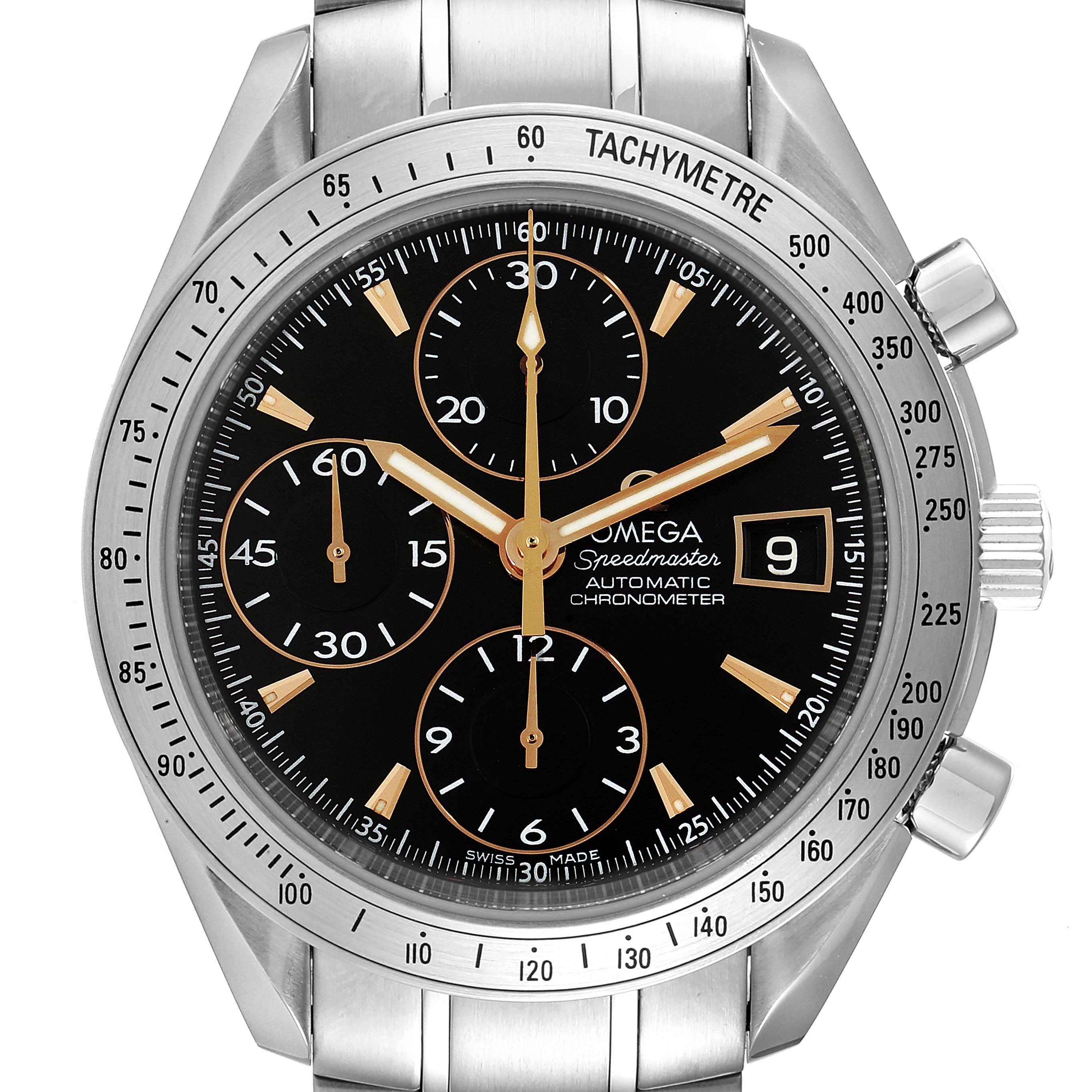 This is a frontal view of the Omega Speedmaster 3211.50.00 Men
s Stainless Steel Black Dial 3211.50.00 Men
s Stainless Steel Black Dial watch showing the dial, bezel, chronograph subdials, and pushers.