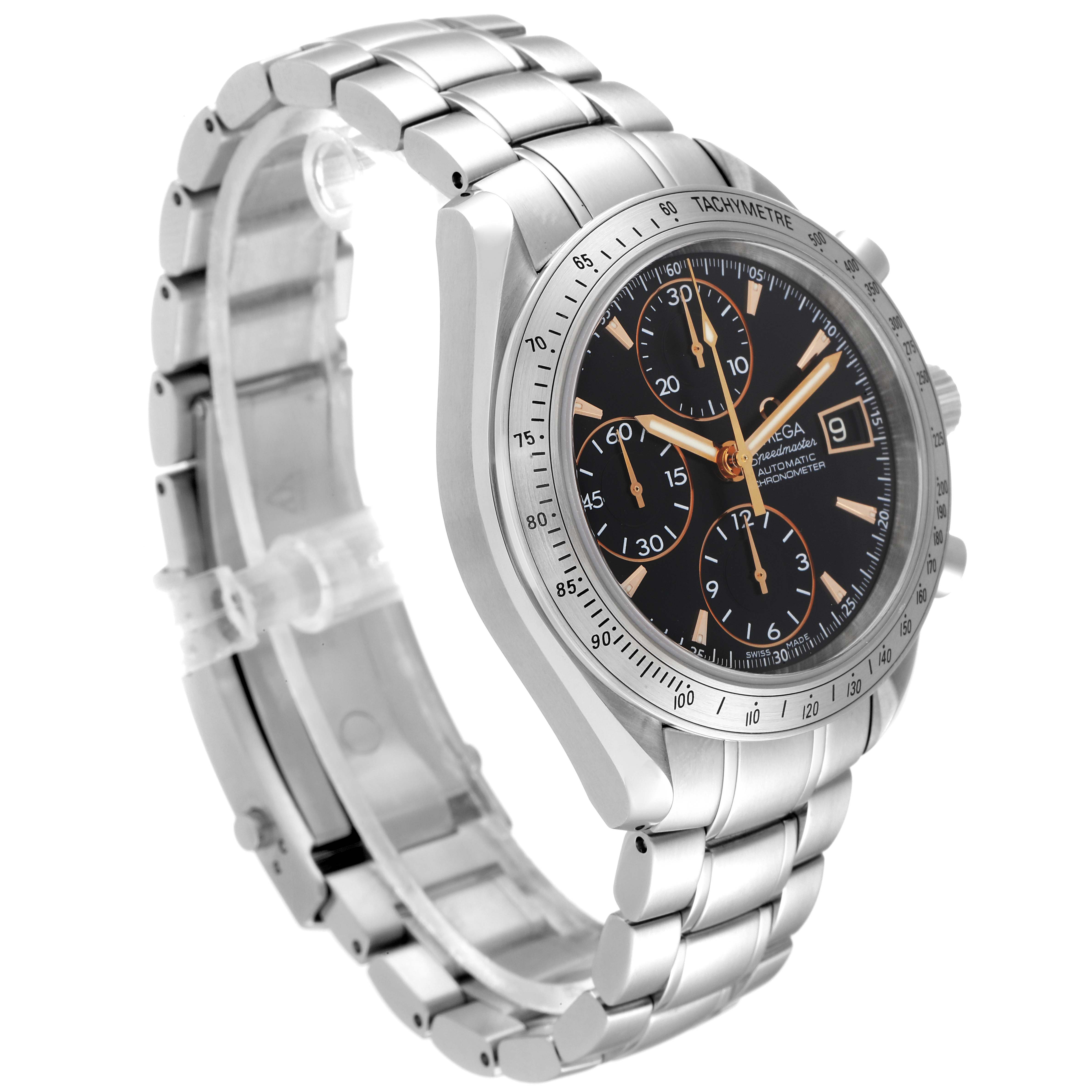 The Omega Speedmaster 3211.50.00 Men
s Stainless Steel Black Dial 3211.50.00 Men
s Stainless Steel Black Dial watch is shown at a slight angle revealing the stainless steel bracelet and black chronograph dial.