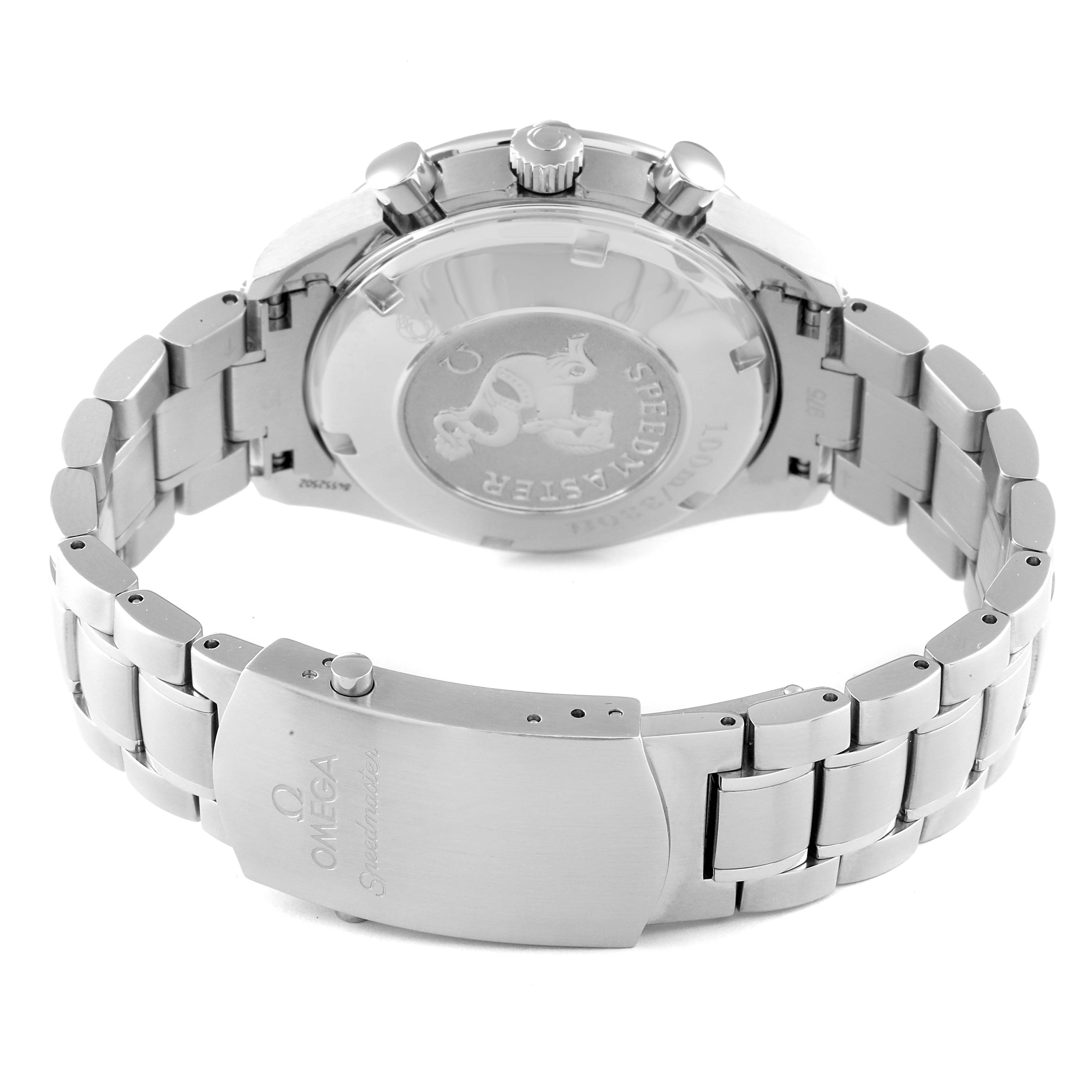 The image displays the back view of an Omega Speedmaster 3211.50.00 Men
s Stainless Steel Black Dial 3211.50.00 Men
s Stainless Steel Black Dial watch, focusing on the case back, crown, pushers, and bracelet clasp.