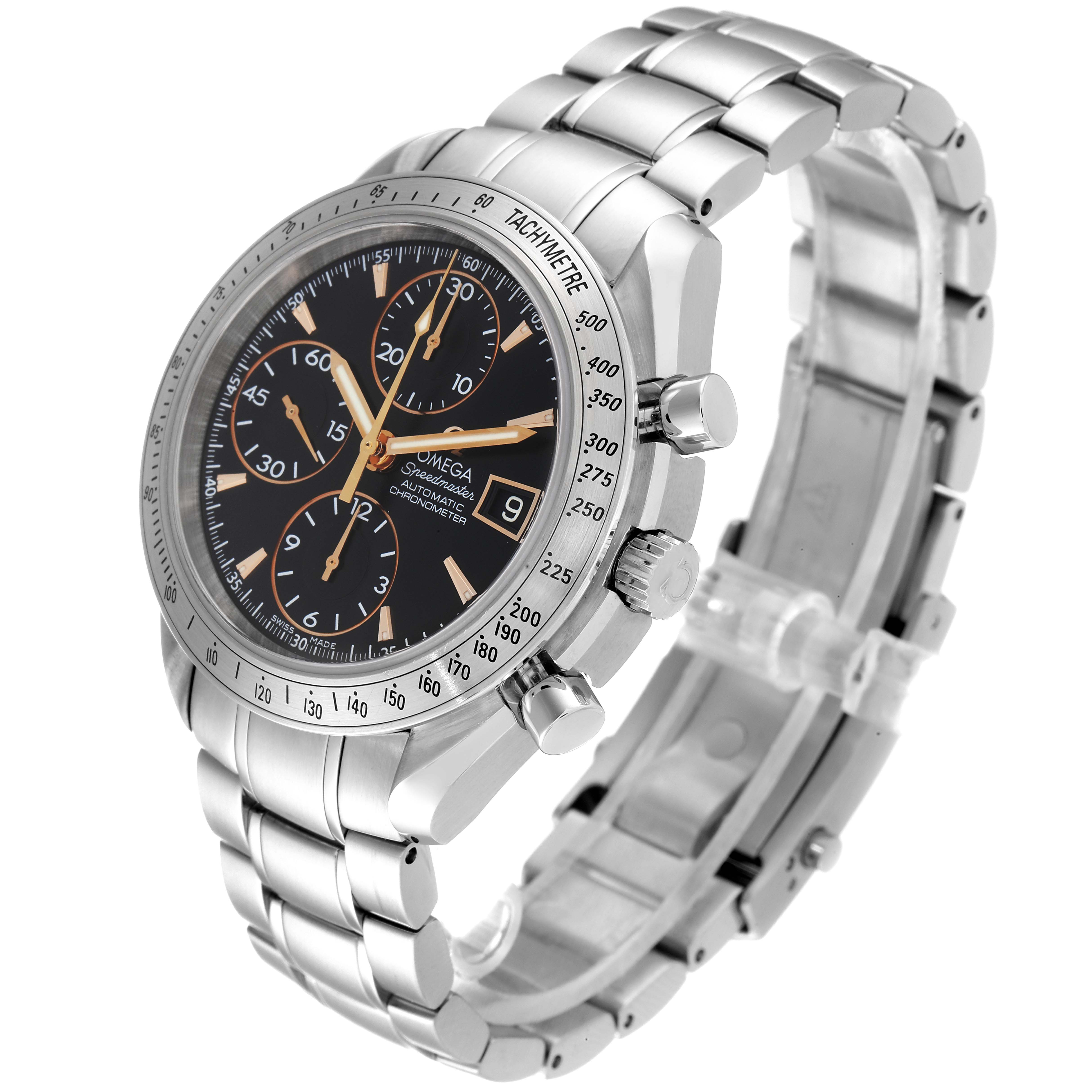 The image shows an angled view of the Omega Speedmaster 3211.50.00 Men
s Stainless Steel Black Dial 3211.50.00 Men
s Stainless Steel Black Dial watch, highlighting the dial, chronograph sub-dials, bezel, and metal bracelet.