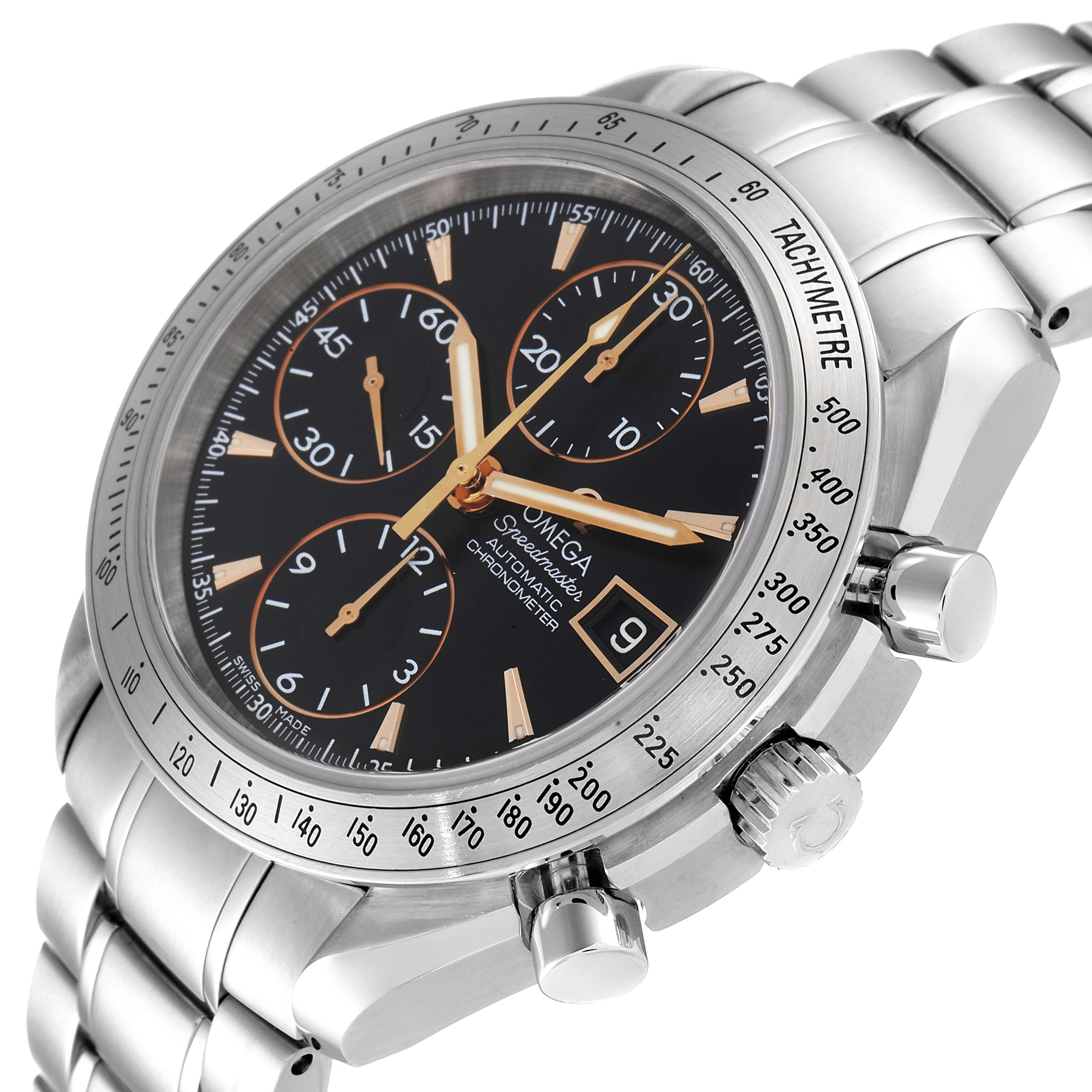 The image shows a side-angle view of the Omega Speedmaster 3211.50.00 Men
s Stainless Steel Black Dial 3211.50.00 Men
s Stainless Steel Black Dial watch, highlighting the face, chronograph dials, and stainless steel bracelet.
