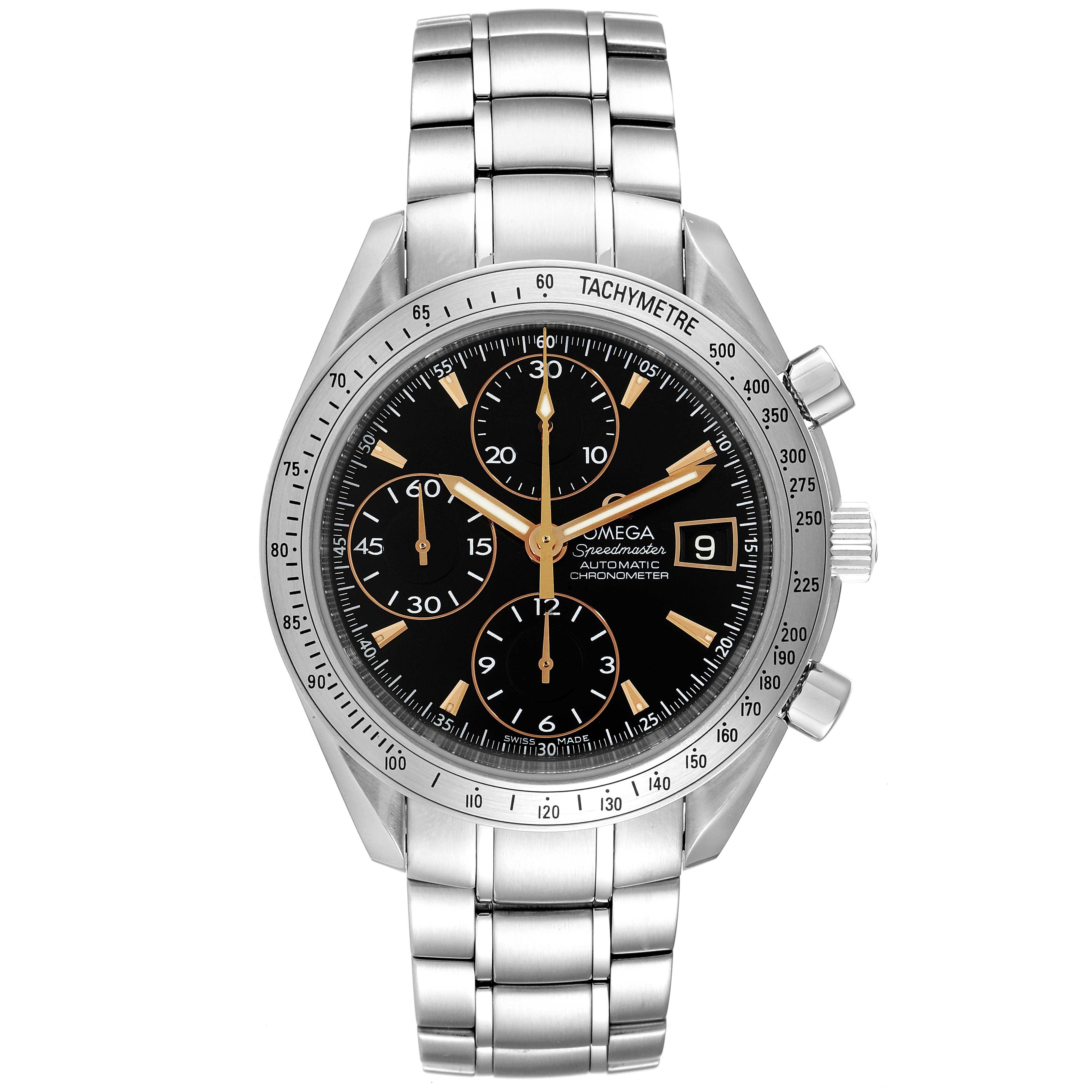 The Omega Speedmaster 3211.50.00 Men
s Stainless Steel Black Dial 3211.50.00 Men
s Stainless Steel Black Dial watch is shown from a front view, displaying the dial, bezel, subdials, pushers, and bracelet.