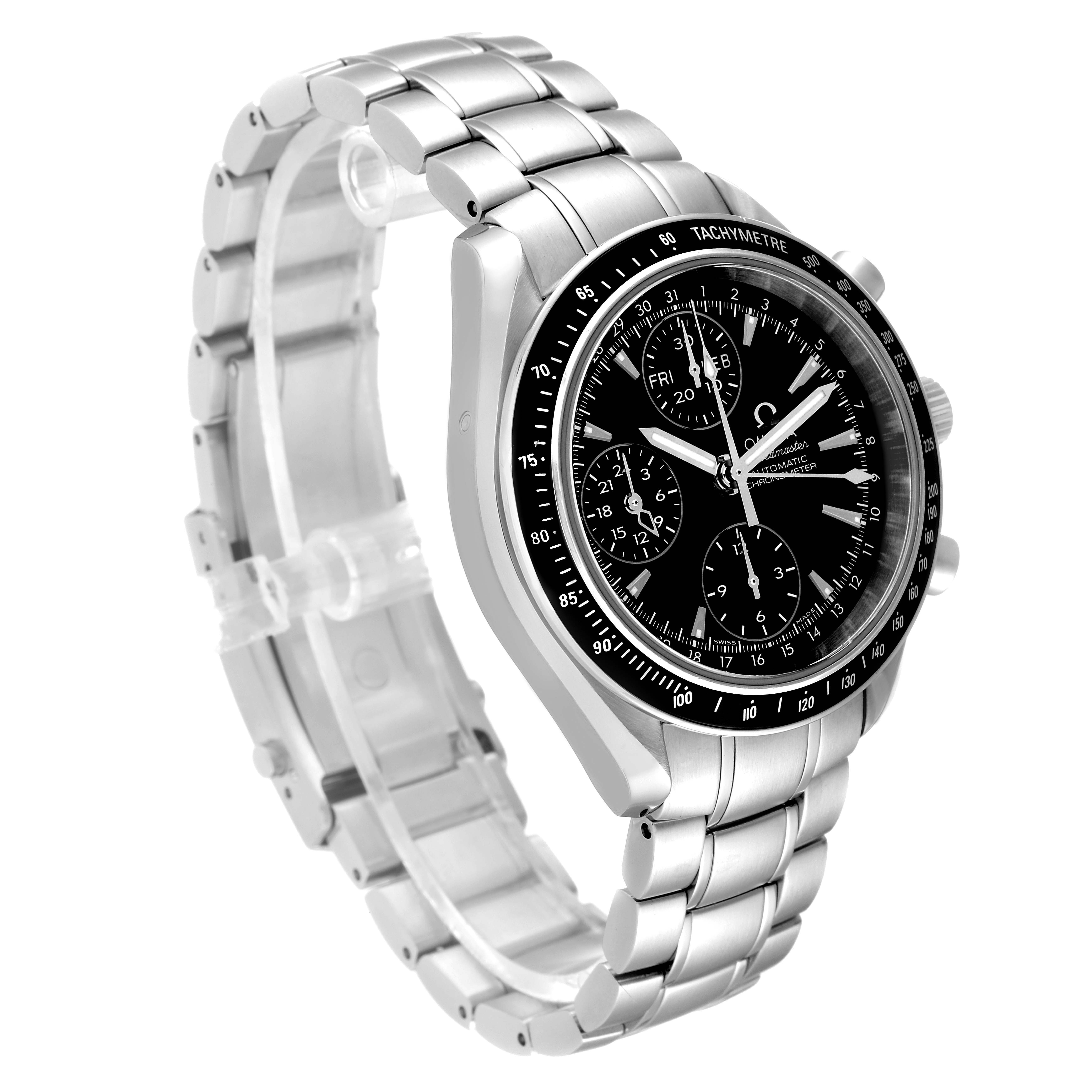 This is an angled view of an Omega Speedmaster 3220.50.00 Men
s Stainless Steel Black Dial 3220.50.00 Men
s Stainless Steel Black Dial watch displaying the bracelet, case, and detailed dial.