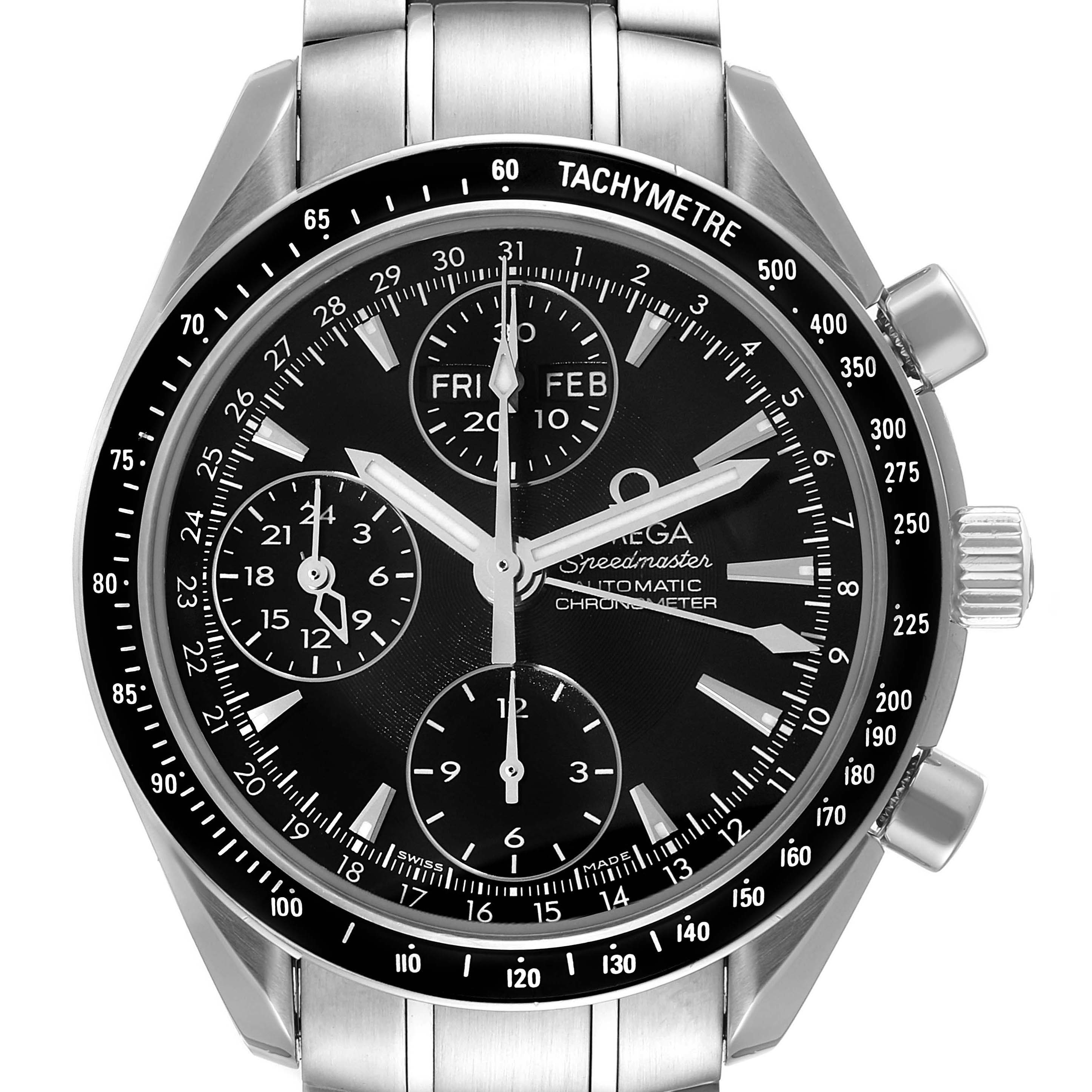 The Omega Speedmaster 3220.50.00 Men
s Stainless Steel Black Dial 3220.50.00 Men
s Stainless Steel Black Dial watch is shown from the front, displaying its dial, subdials, tachymeter bezel, and stainless-steel bracelet.