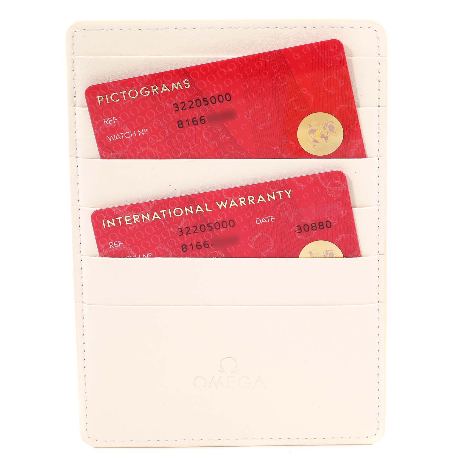 The image shows two red cards for an Omega Speedmaster 3220.50.00 Men
s Stainless Steel Black Dial 3220.50.00 Men
s Stainless Steel Black Dial watch, specifically a Pictograms card and an International Warranty card in a white cardholder.