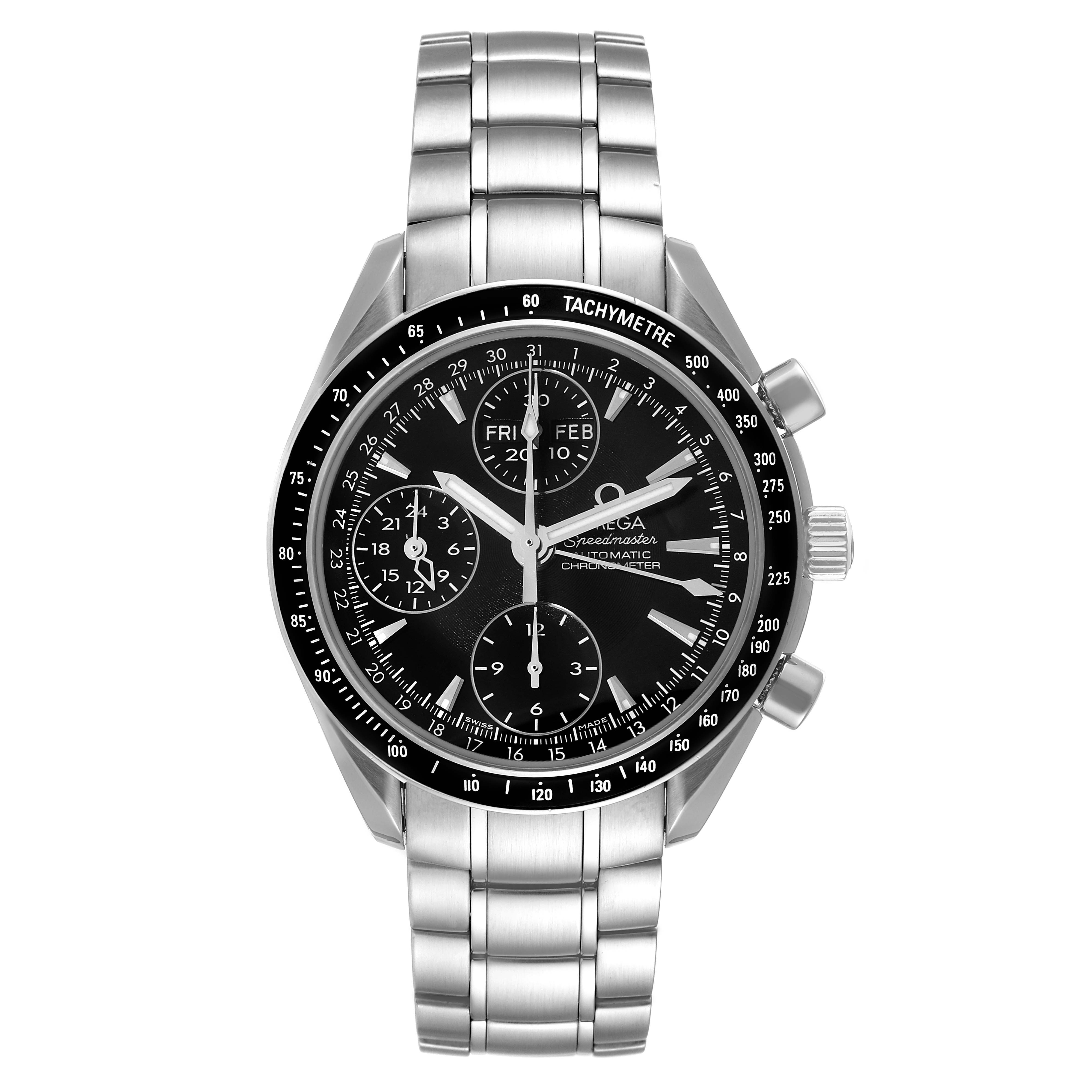 The image shows a frontal view of the Omega Speedmaster 3220.50.00 Men
s Stainless Steel Black Dial 3220.50.00 Men
s Stainless Steel Black Dial watch, highlighting its face, tachymeter bezel, and metal bracelet.