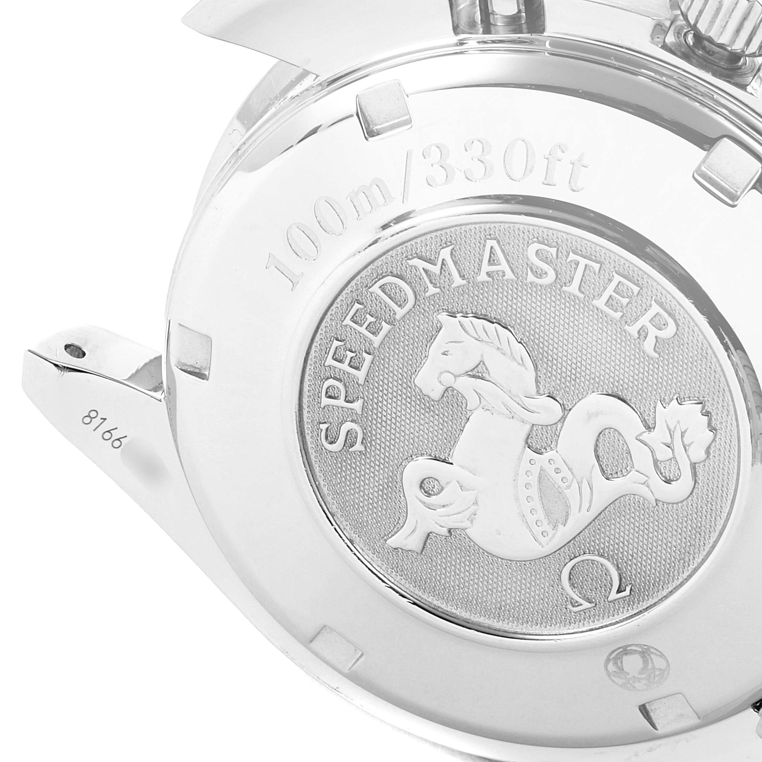 The image shows the case back of an Omega Speedmaster 3220.50.00 Men
s Stainless Steel Black Dial 3220.50.00 Men
s Stainless Steel Black Dial watch, highlighting the engraved logo and water resistance markings.