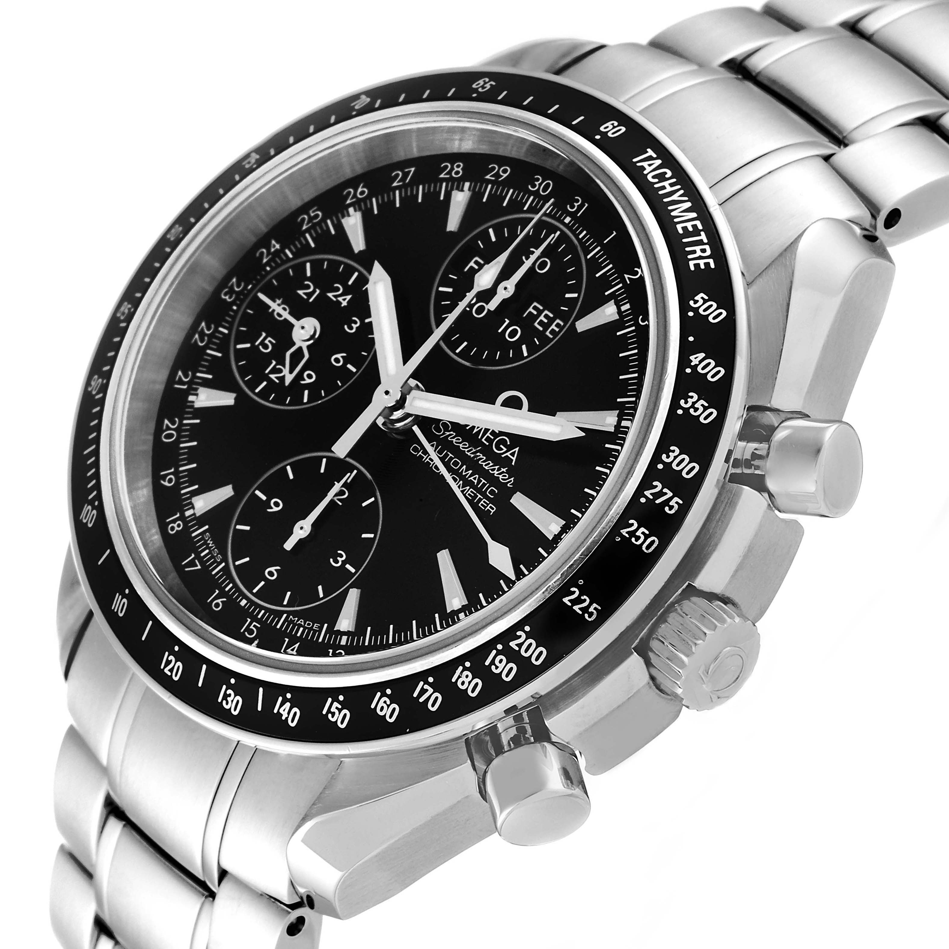 This image shows an Omega Speedmaster 3220.50.00 Men
s Stainless Steel Black Dial 3220.50.00 Men
s Stainless Steel Black Dial watch from a right side-angle, highlighting its dial, subdials, bezel, crown, and stainless steel bracelet.