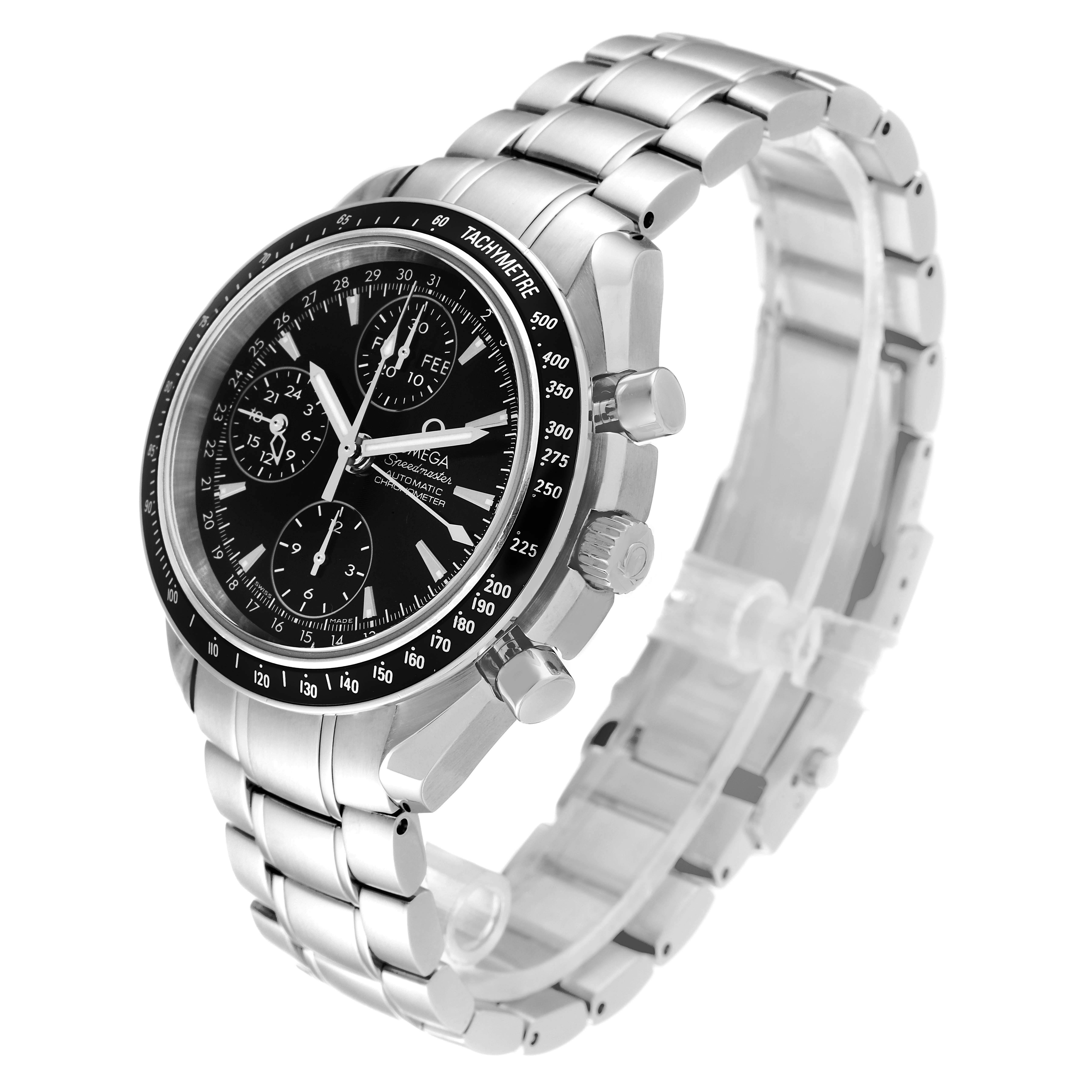 The image shows a side view of an Omega Speedmaster 3220.50.00 Men
s Stainless Steel Black Dial 3220.50.00 Men
s Stainless Steel Black Dial watch, highlighting its black dial, chronograph sub-dials, and stainless steel bracelet.