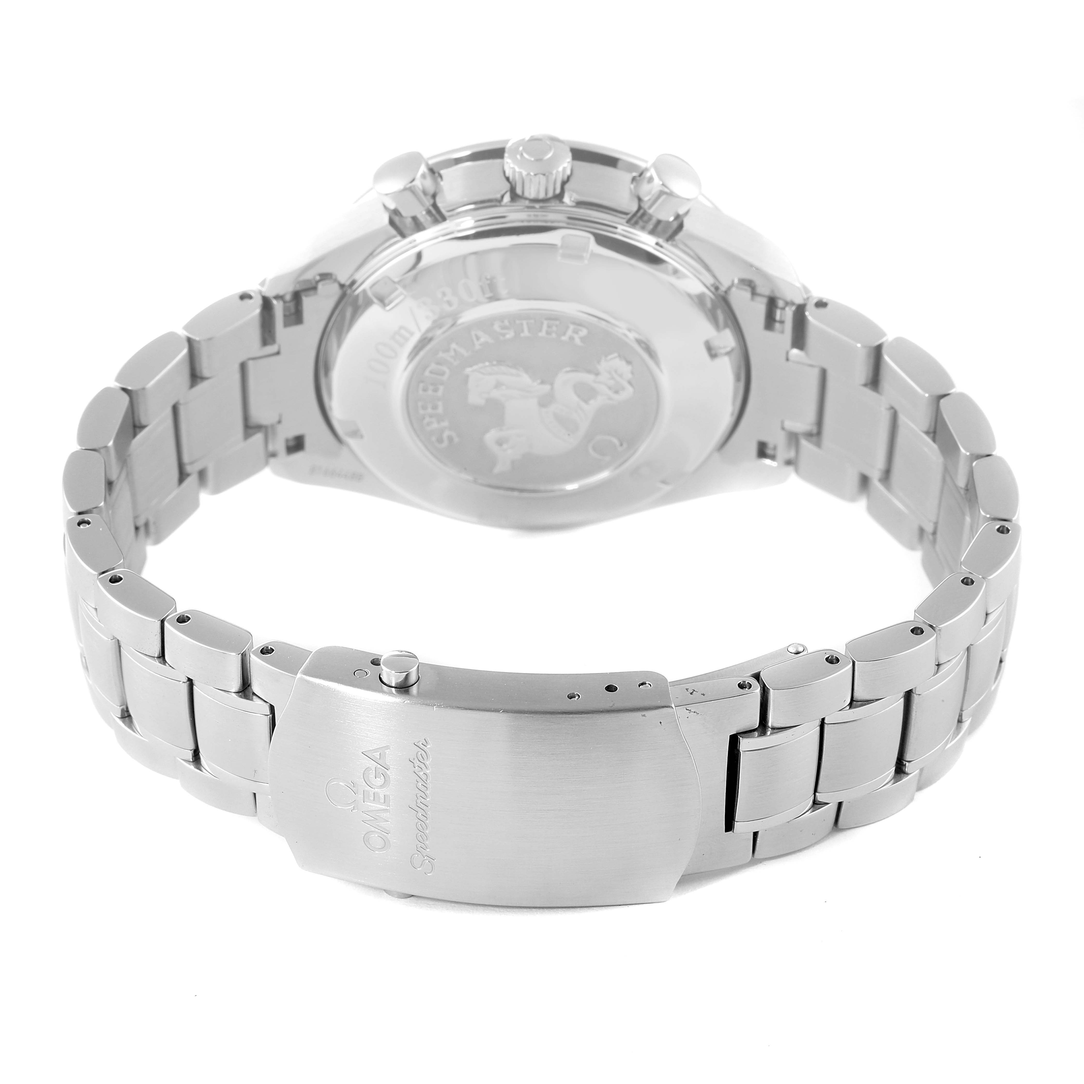 The image shows the back case and stainless steel bracelet of an Omega Speedmaster 3220.50.00 Men
s Stainless Steel Black Dial 3220.50.00 Men
s Stainless Steel Black Dial watch.