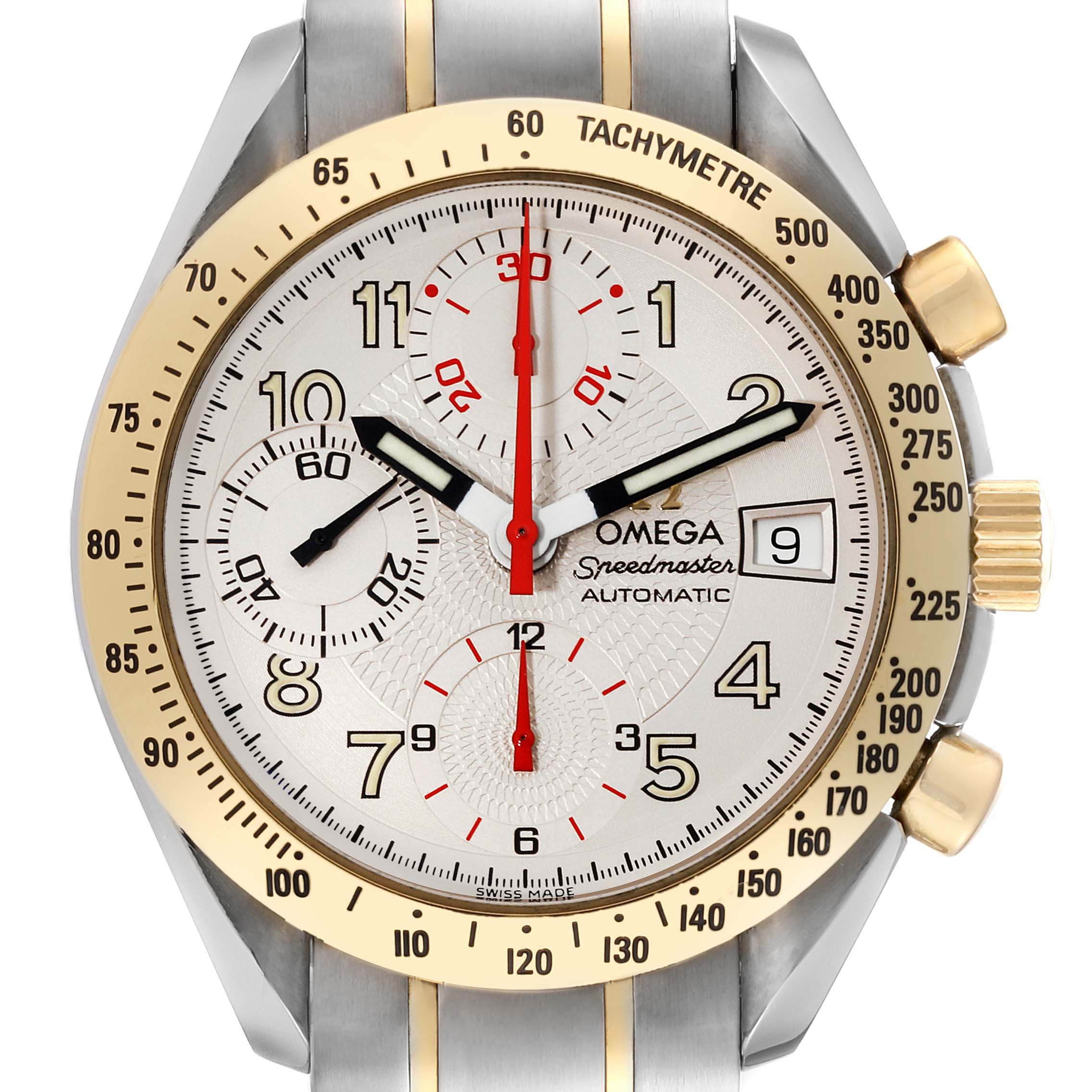 The Omega Speedmaster 3313.33.00 Men's Steel and Gold (two tone) White Dial 3313.33.00 Men's Steel and Gold (two tone) White Dial watch is shown from the front, displaying its dial, tachymeter bezel, and chronograph subdials.