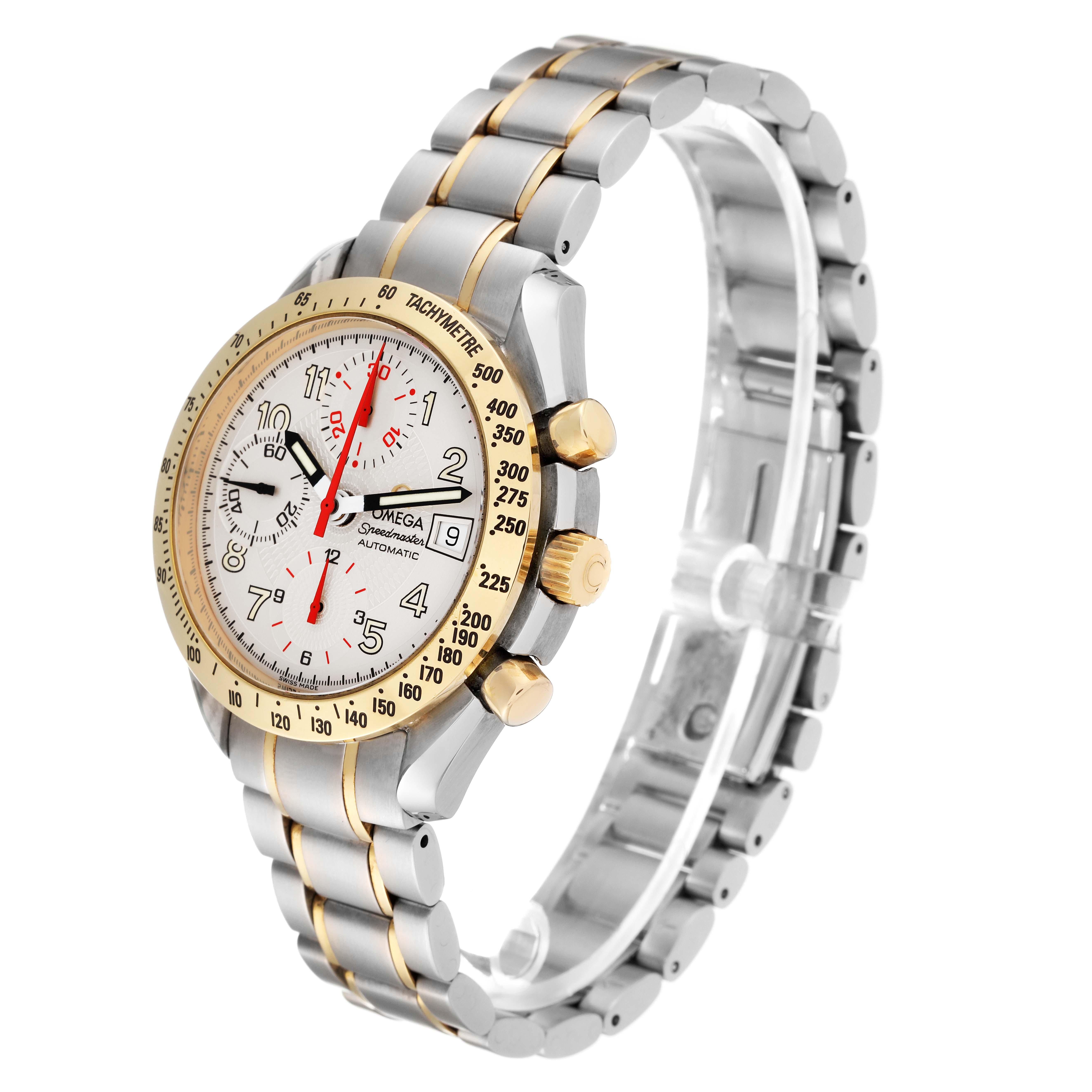 The Omega Speedmaster 3313.33.00 Men's Steel and Gold (two tone) White Dial 3313.33.00 Men's Steel and Gold (two tone) White Dial watch is shown at an angle highlighting the face, bezel, crown, pushers, and bracelet.