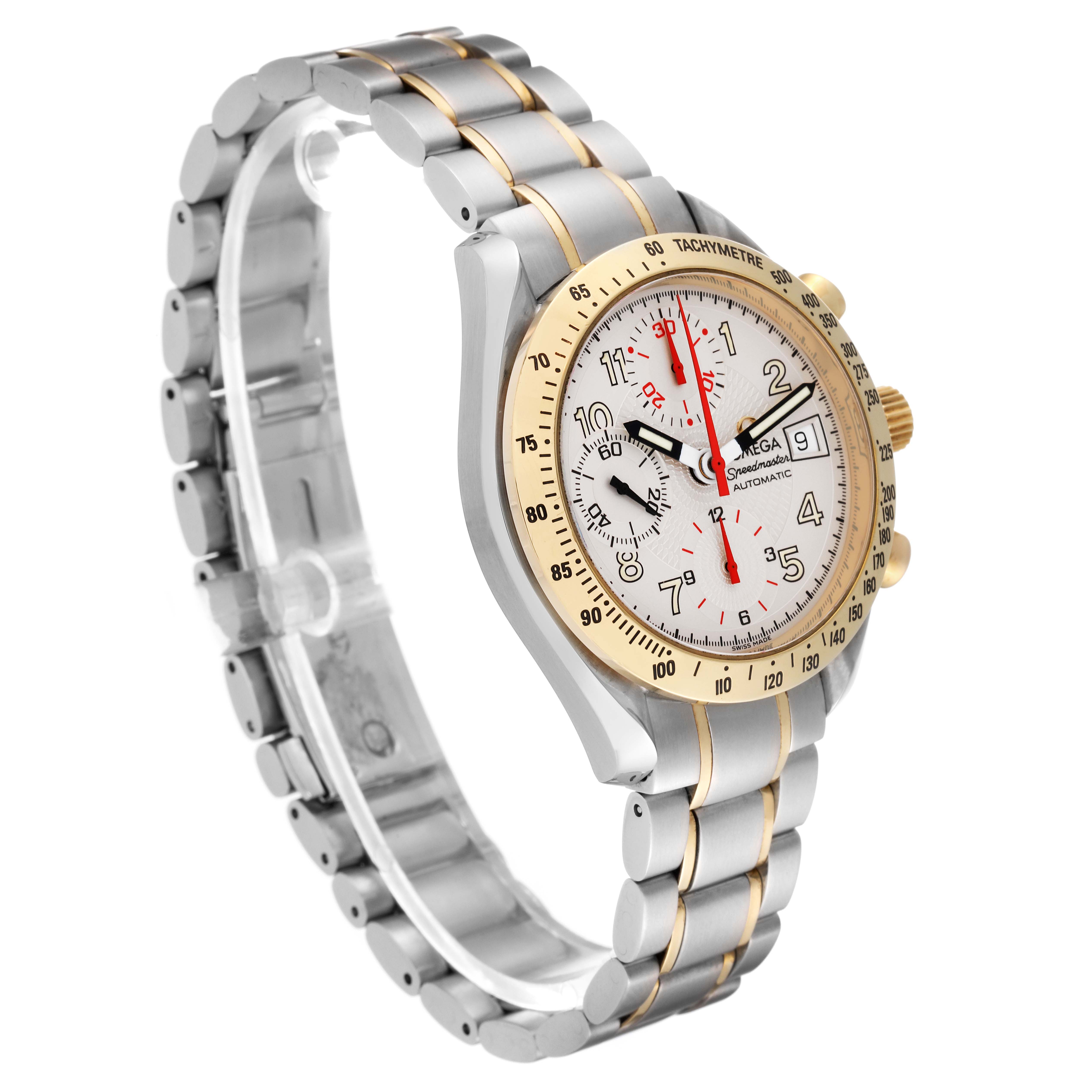 The Omega Speedmaster 3313.33.00 Men's Steel and Gold (two tone) White Dial 3313.33.00 Men's Steel and Gold (two tone) White Dial watch is shown at an angled view, highlighting the dial, bezel, and metal bracelet.