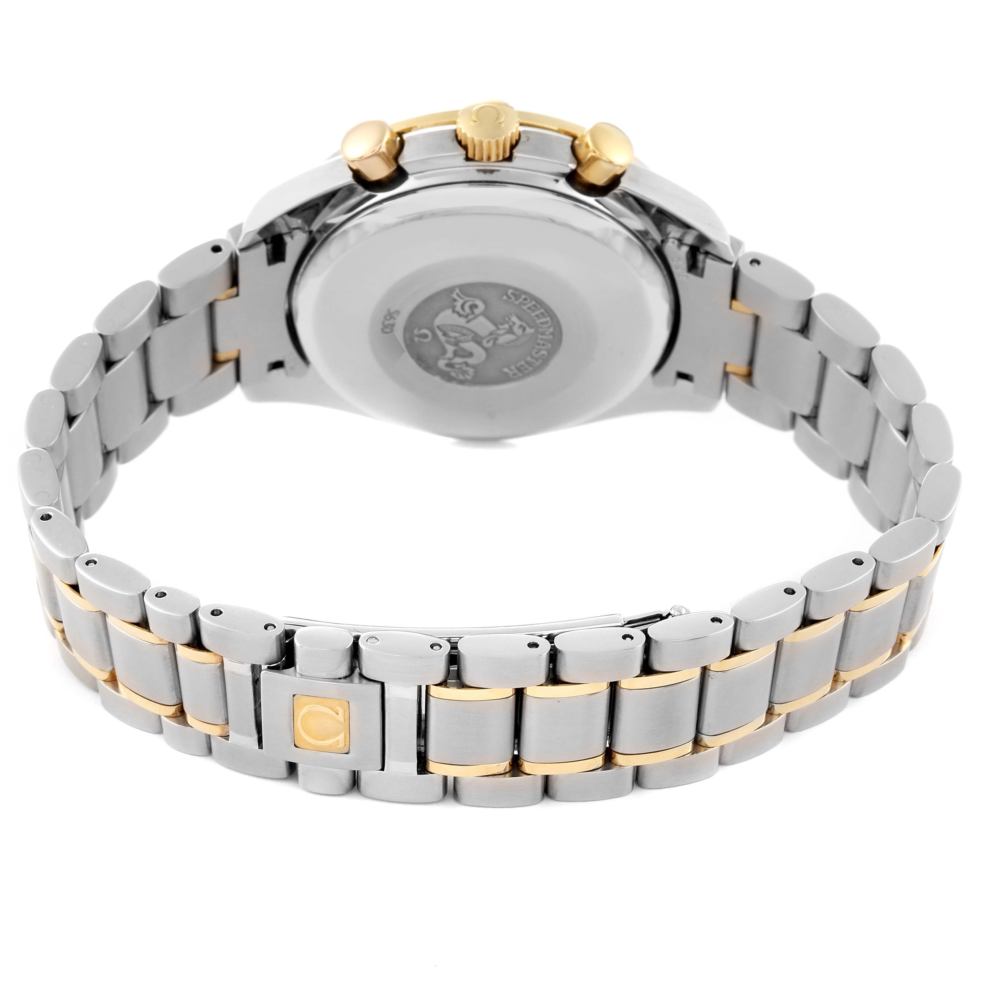 This Omega Speedmaster 3313.33.00 Men's Steel and Gold (two tone) White Dial 3313.33.00 Men's Steel and Gold (two tone) White Dial watch is shown from the back angle, highlighting the clasp, bracelet, and case back.