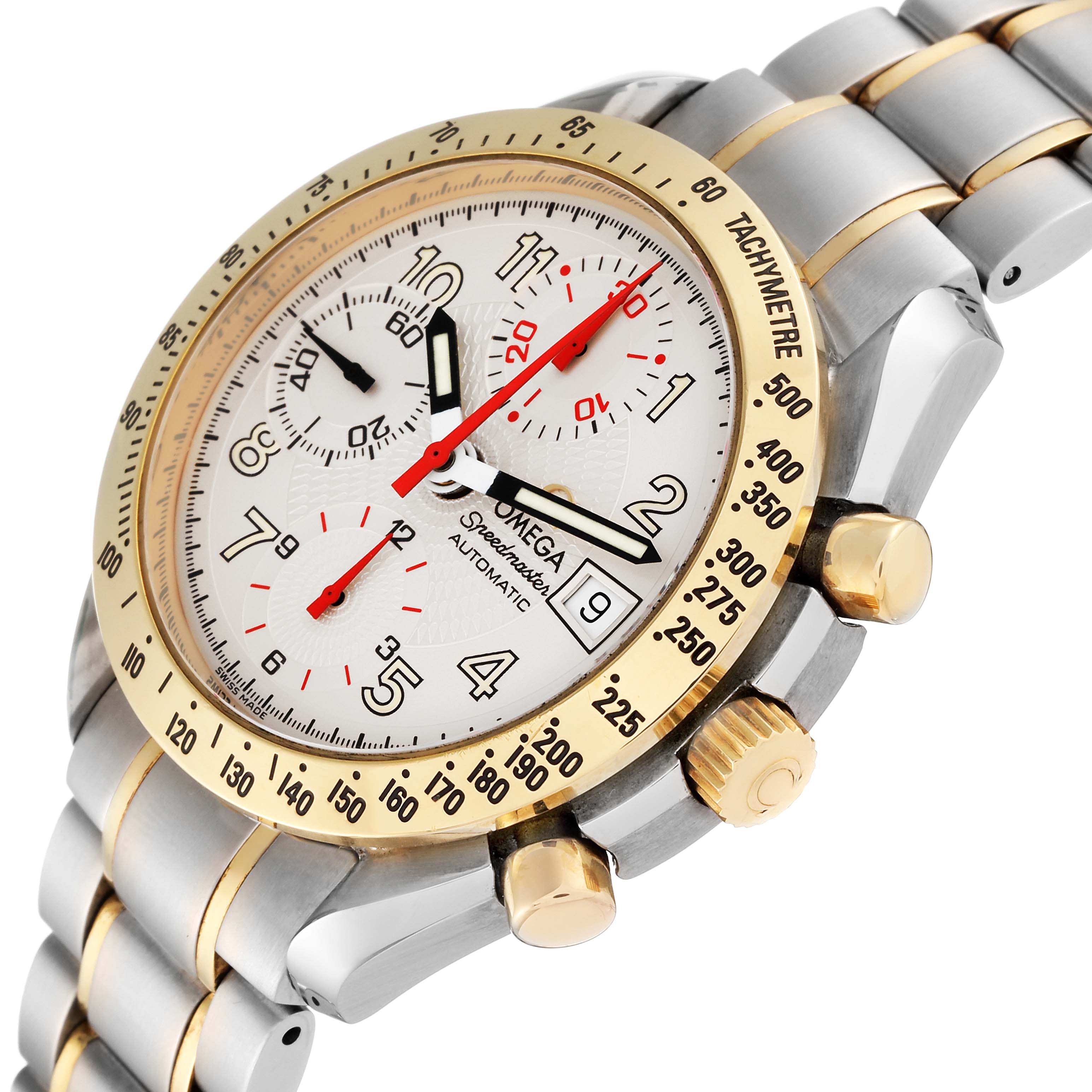 The image shows an Omega Speedmaster 3313.33.00 Men's Steel and Gold (two tone) White Dial 3313.33.00 Men's Steel and Gold (two tone) White Dial watch at a slight angle, highlighting the face, crown, pushers, and part of the bracelet.