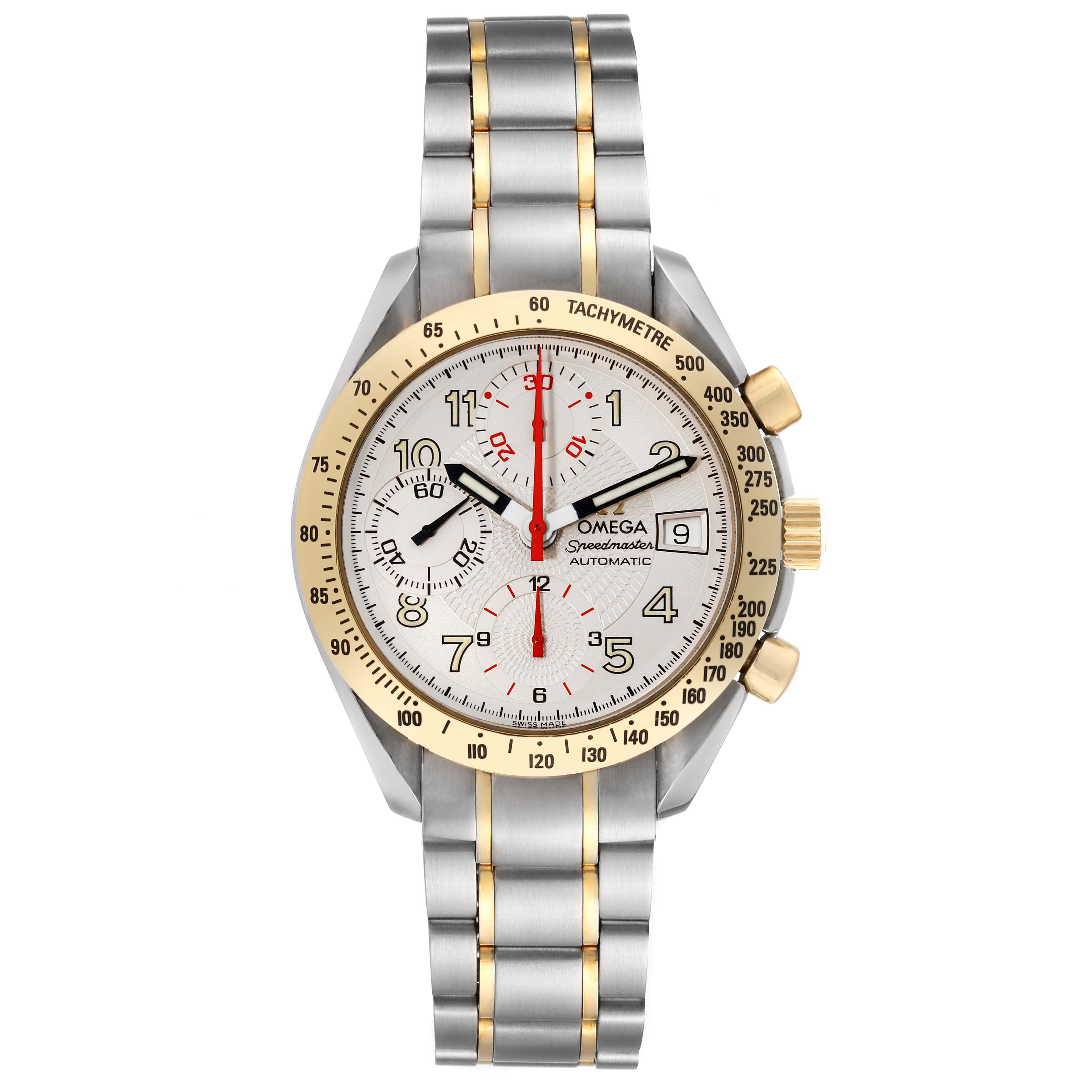 This image shows a frontal view of the Omega Speedmaster 3313.33.00 Men's Steel and Gold (two tone) White Dial 3313.33.00 Men's Steel and Gold (two tone) White Dial watch, highlighting the bezel, dial, hands, subdials, and bracelet.