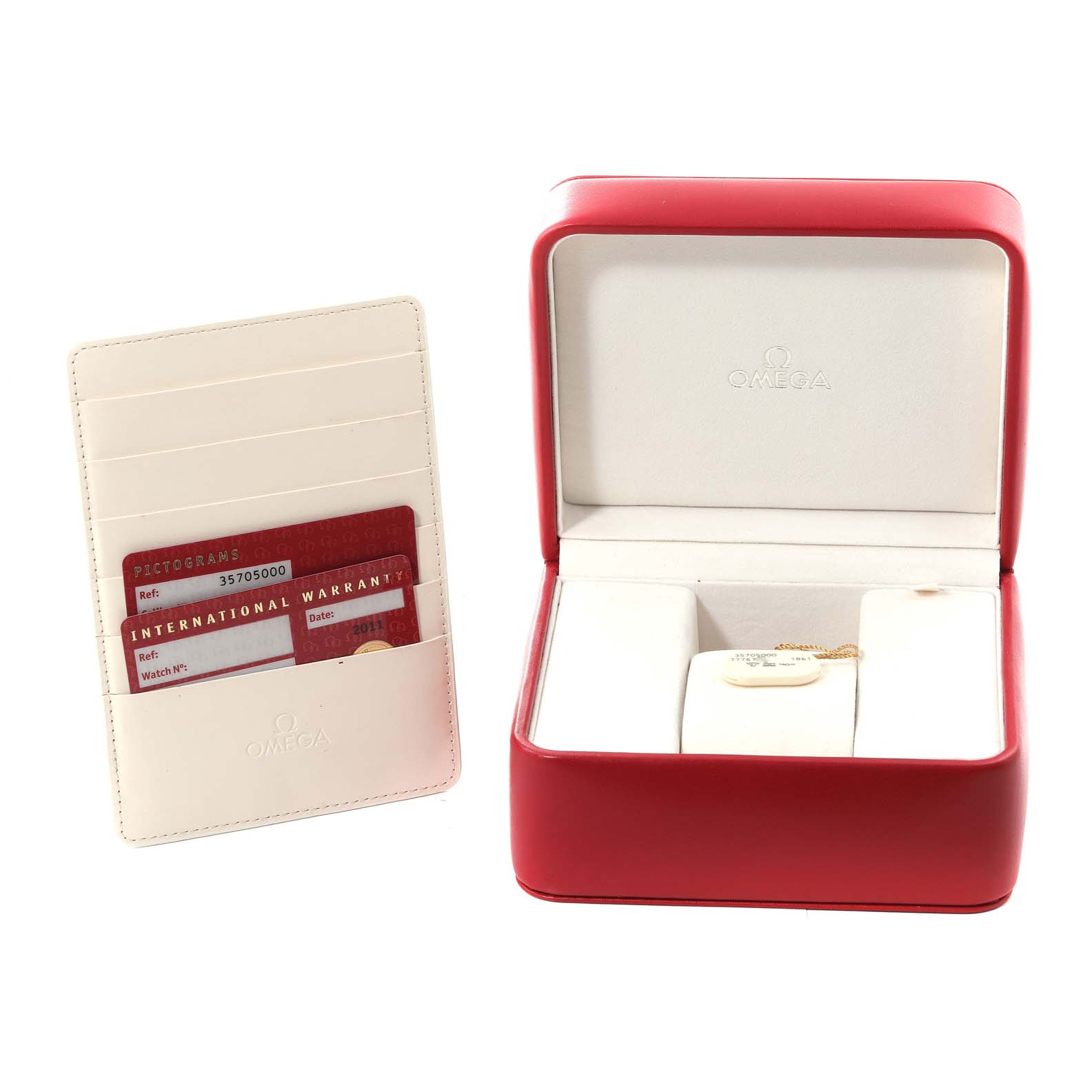 The image shows an open Omega Speedmaster 3570.50.00 Men's Stainless Steel Black Dial 3570.50.00 Men's Stainless Steel Black Dial watch box and a cardholder with warranty and pictogram cards.