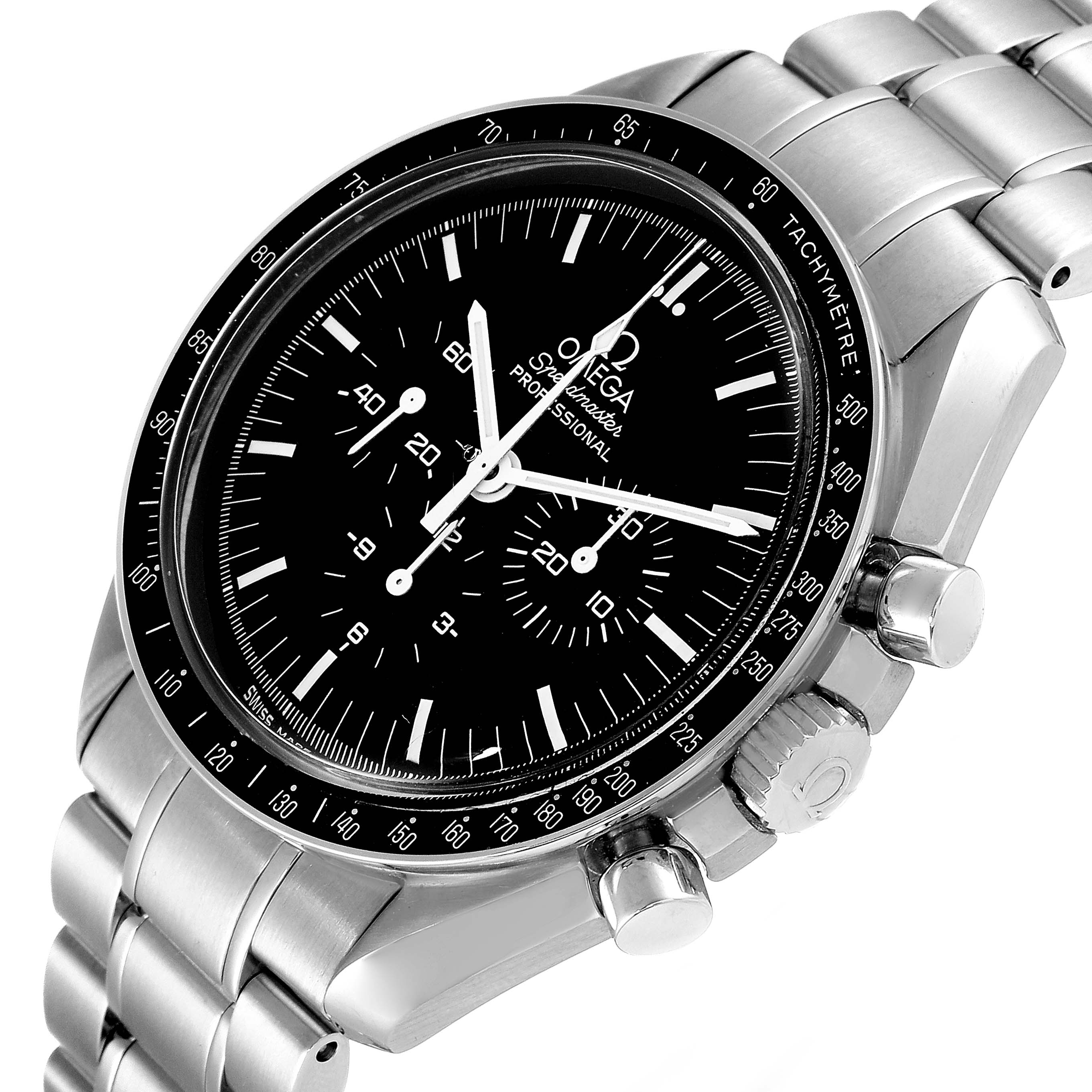 This image shows the Omega Speedmaster 3570.50.00 Men's Stainless Steel Black Dial 3570.50.00 Men's Stainless Steel Black Dial watch at a three-quarter angle, highlighting its dial, bezel, and stainless steel bracelet.