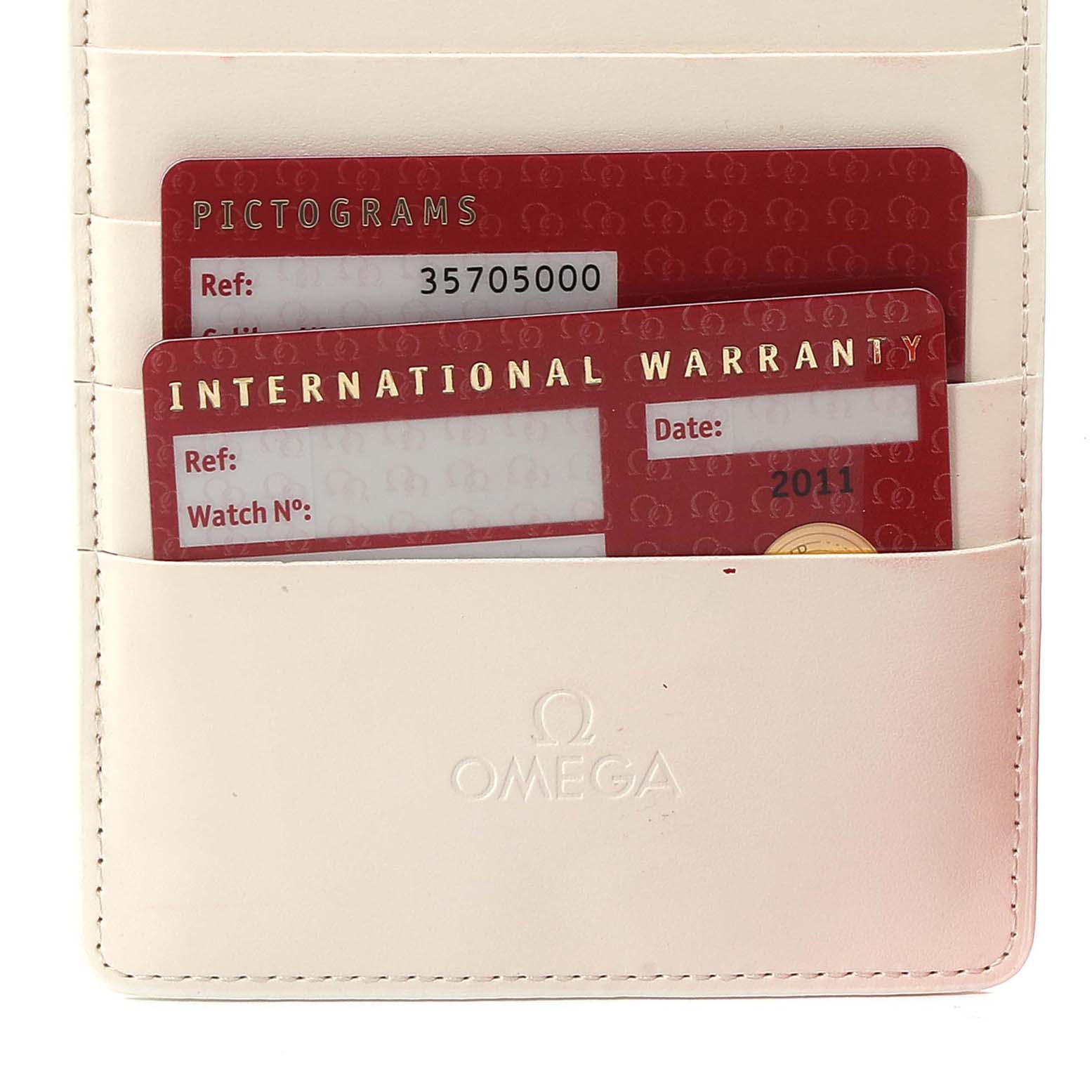 The image shows a leather cardholder with Omega branding, containing pictogram and international warranty cards for an Omega Speedmaster 3570.50.00 Men's Stainless Steel Black Dial 3570.50.00 Men's Stainless Steel Black Dial watch.