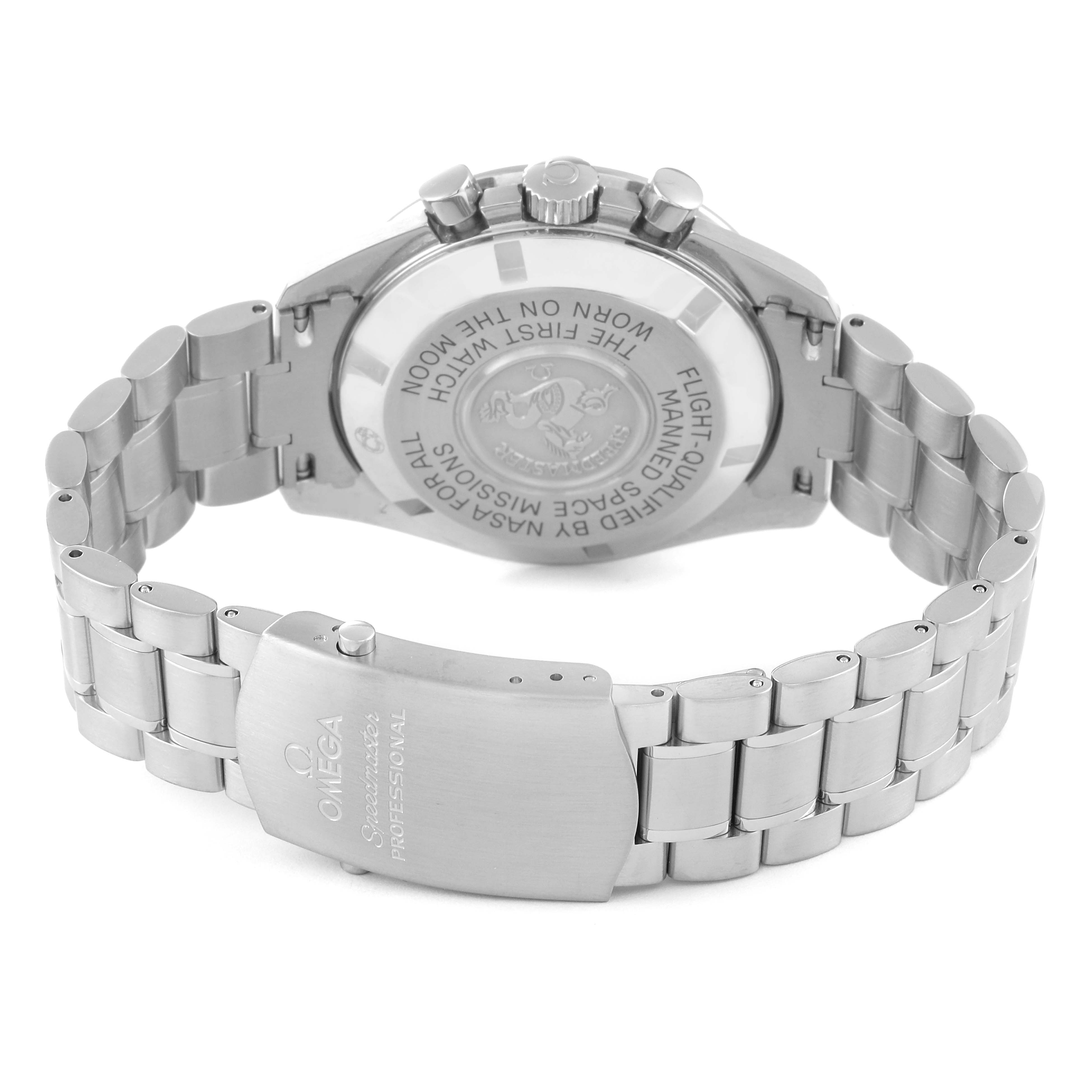 The image shows the case back and bracelet of an Omega Speedmaster 3570.50.00 Men's Stainless Steel Black Dial 3570.50.00 Men's Stainless Steel Black Dial watch, viewed from the back.