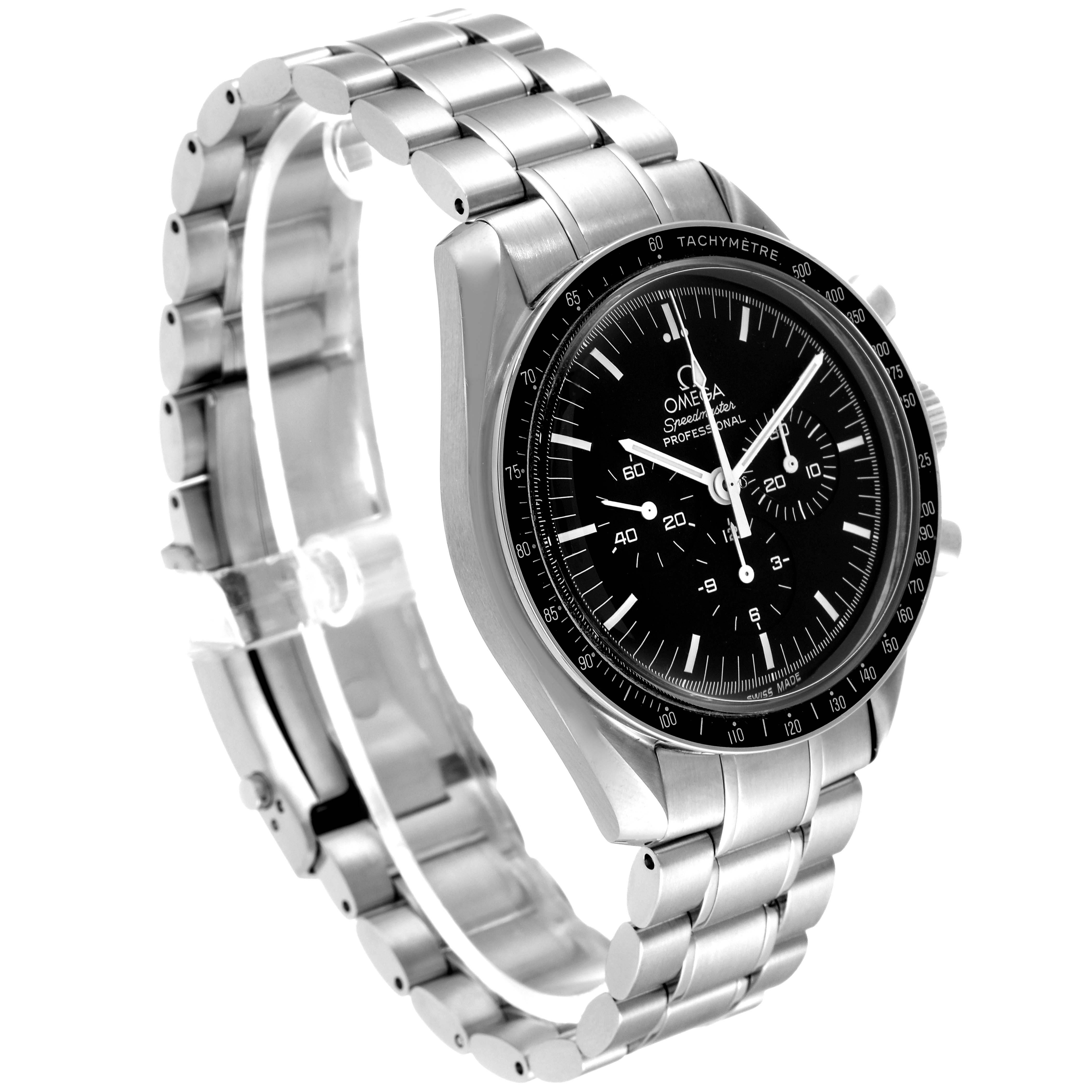 The Omega Speedmaster 3570.50.00 Men's Stainless Steel Black Dial 3570.50.00 Men's Stainless Steel Black Dial watch is shown at a 3/4 angle, displaying its face, bezel, and stainless steel bracelet.