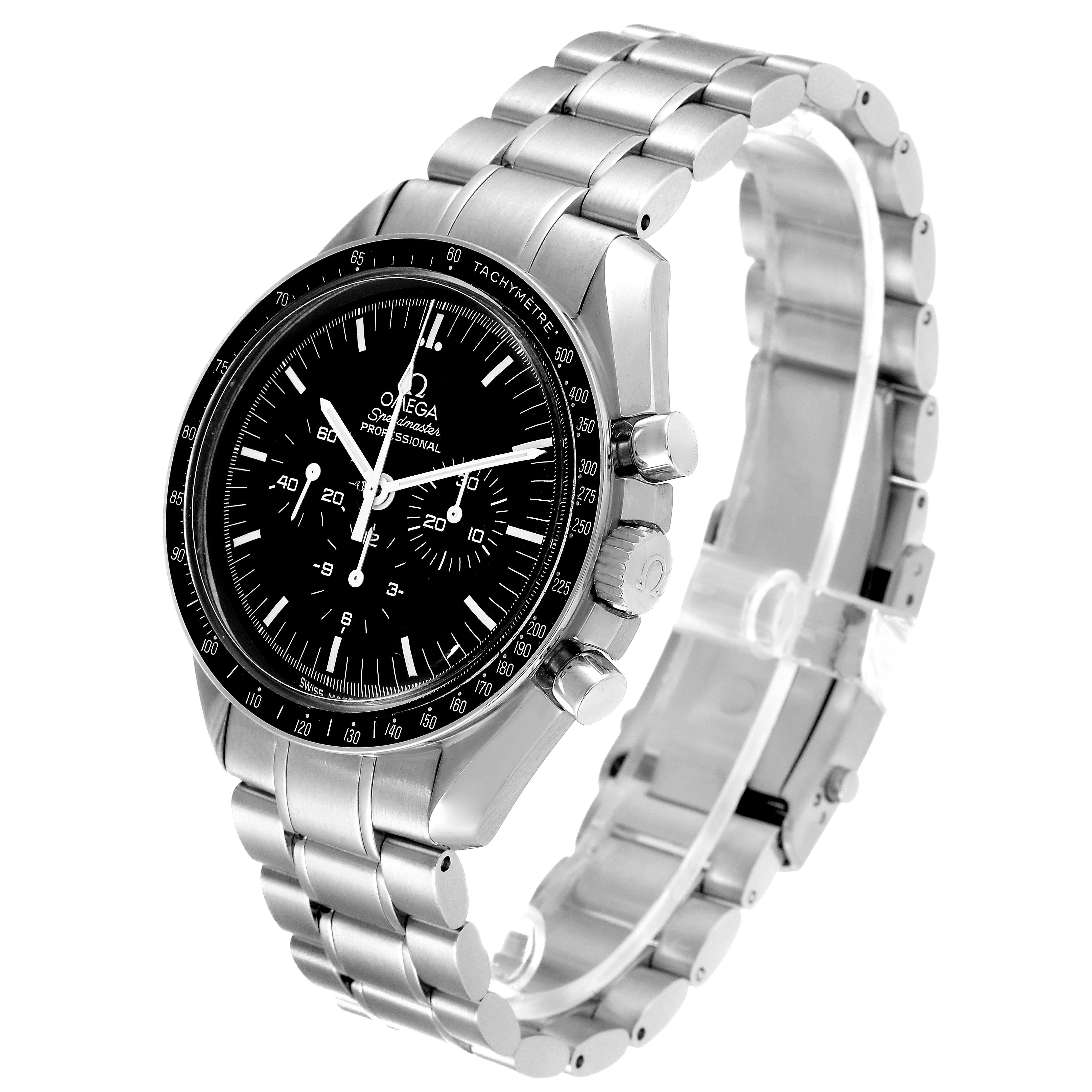 The Omega Speedmaster 3570.50.00 Men's Stainless Steel Black Dial 3570.50.00 Men's Stainless Steel Black Dial watch is shown at an angle highlighting the dial, bezel, chronograph buttons, and stainless steel bracelet.