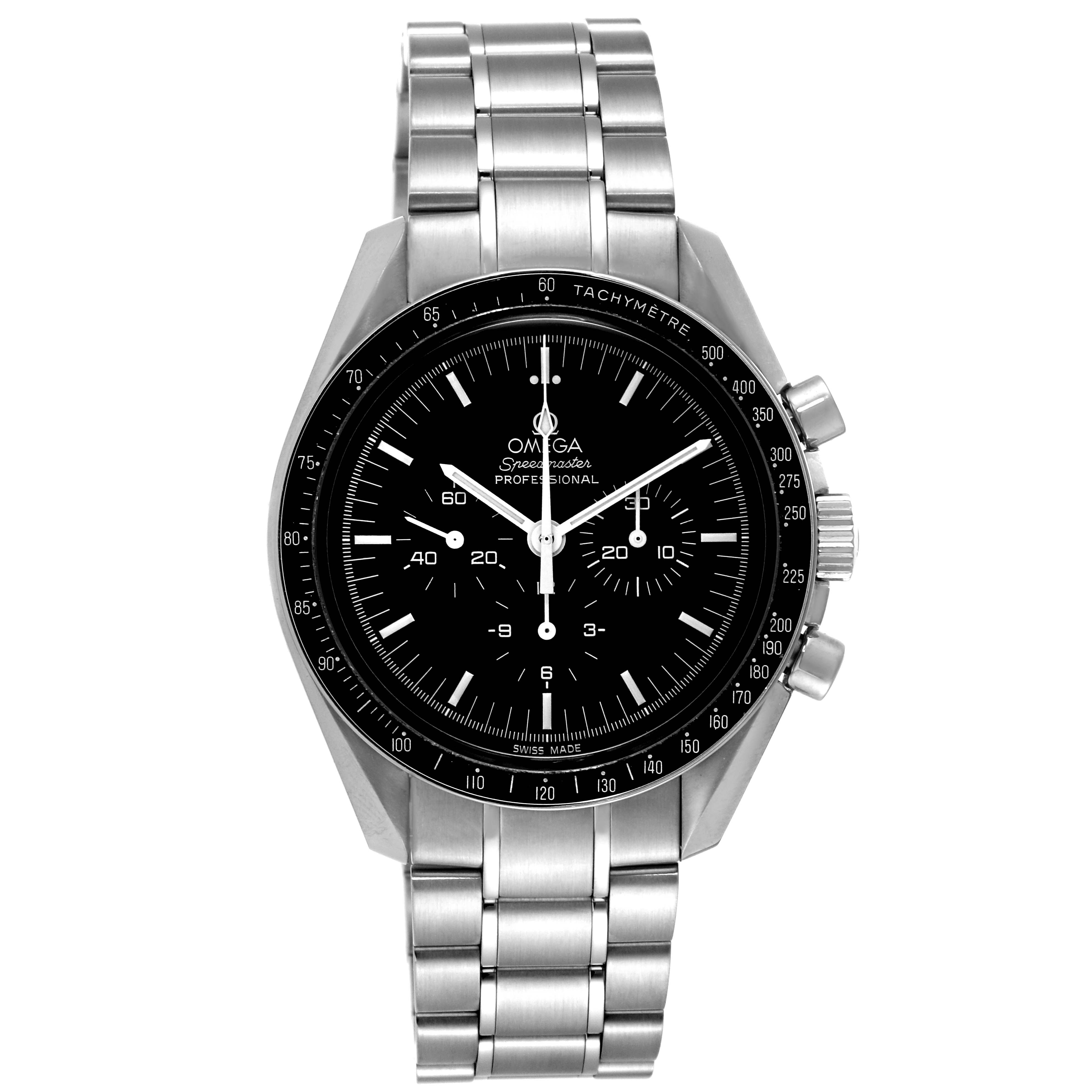The image shows a front view of the Omega Speedmaster 3570.50.00 Men's Stainless Steel Black Dial 3570.50.00 Men's Stainless Steel Black Dial model watch, highlighting its stainless steel bracelet and black dial.