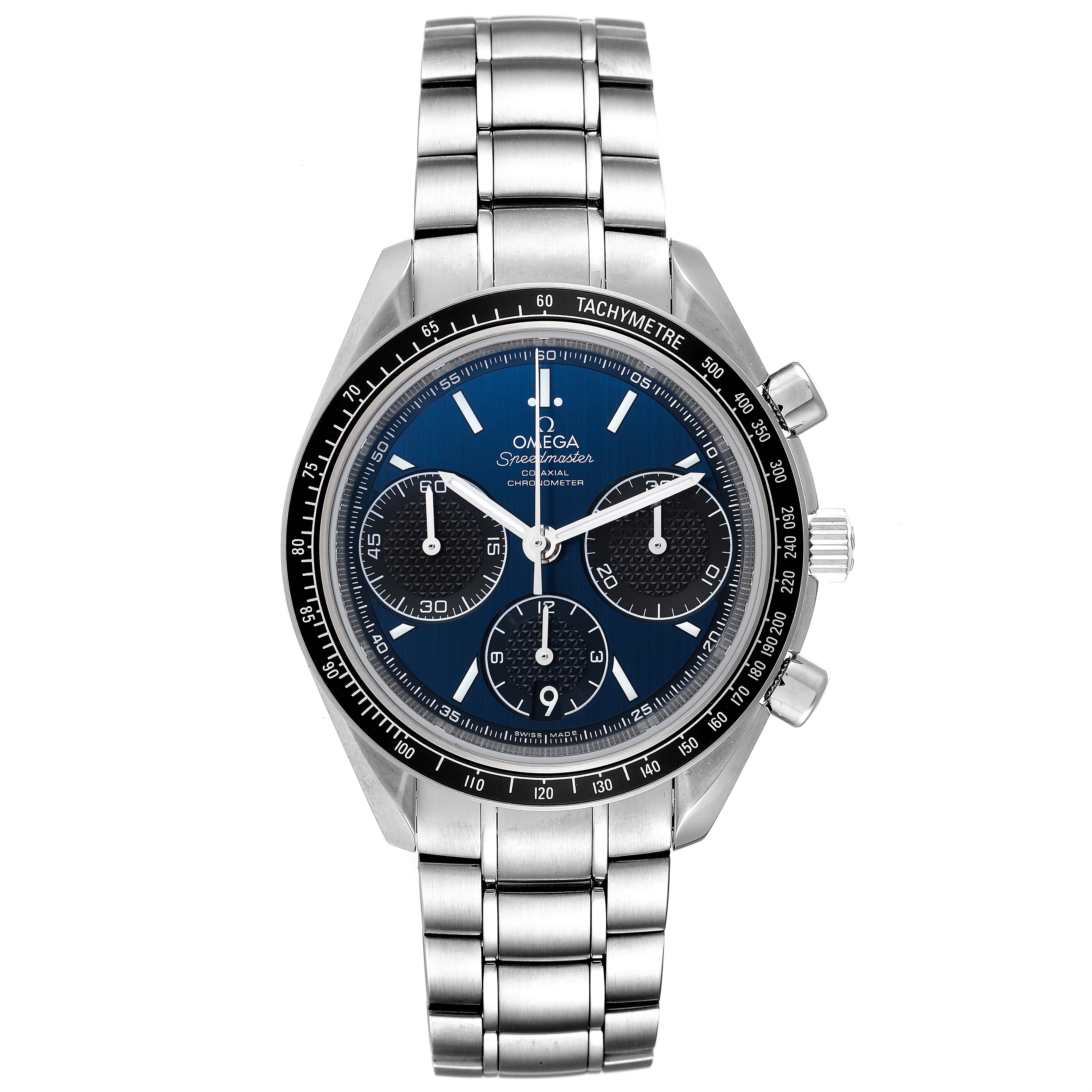 The image shows a front view of an Omega Speedmaster 326.30.40.50.03.001 Men
s Stainless Steel Blue Dial 326.30.40.50.03.001 Men
s Stainless Steel Blue Dial watch, highlighting its face, tachymeter bezel, and metal bracelet.