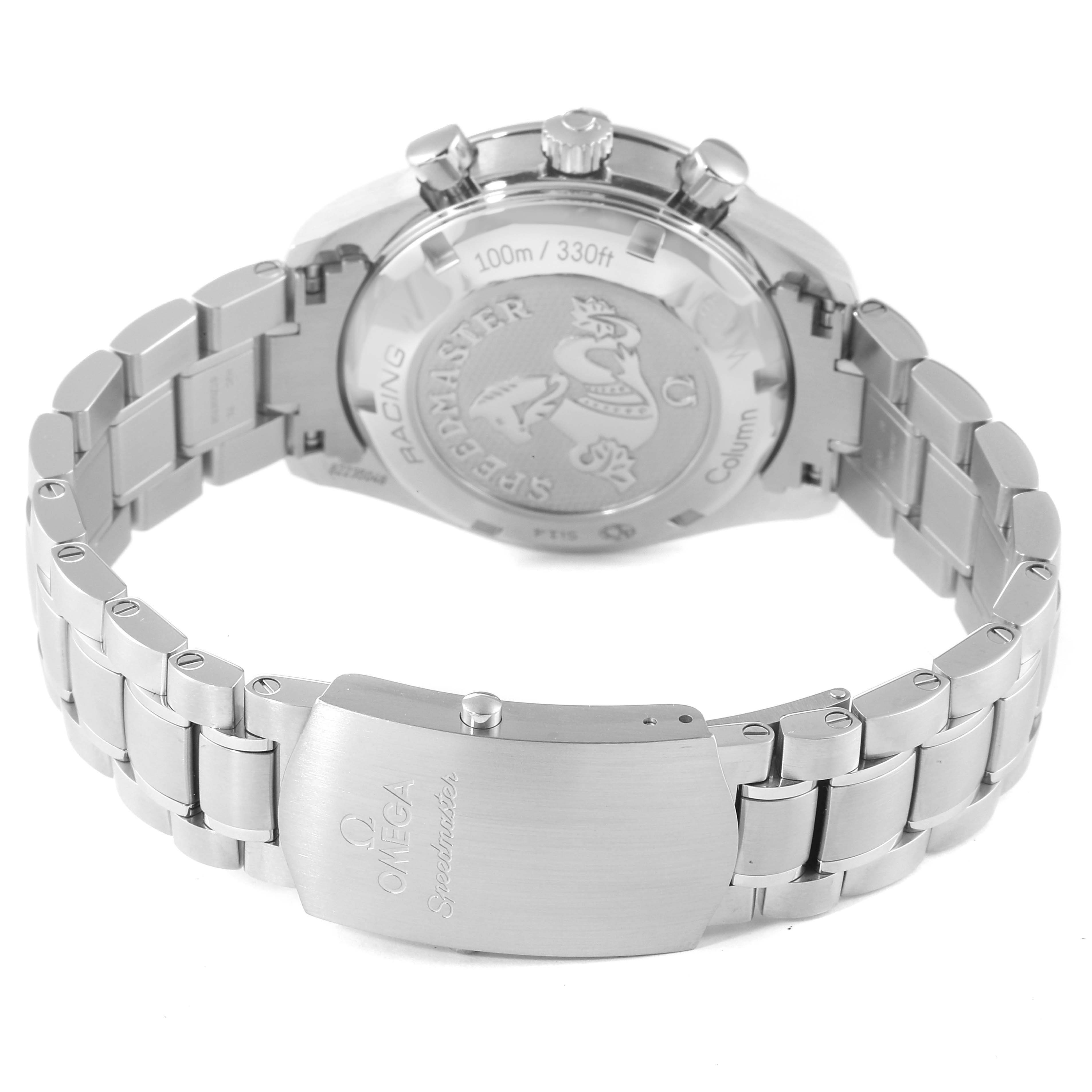 This image shows the back case and bracelet of an Omega Speedmaster 326.30.40.50.03.001 Men
s Stainless Steel Blue Dial 326.30.40.50.03.001 Men
s Stainless Steel Blue Dial watch, highlighting the clasp and engraved case back.