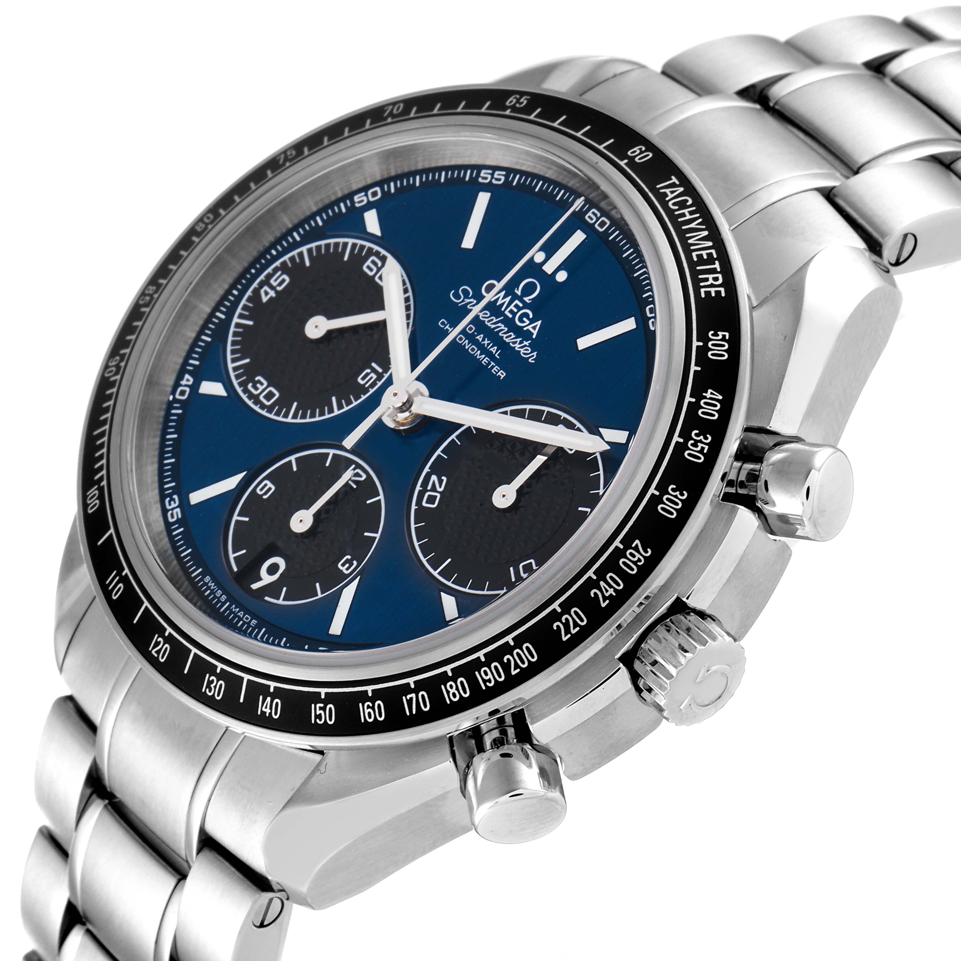 The image shows an Omega Speedmaster 326.30.40.50.03.001 Men
s Stainless Steel Blue Dial 326.30.40.50.03.001 Men
s Stainless Steel Blue Dial watch at an angled close-up, highlighting its dial, bezel, crown, and part of the bracelet.