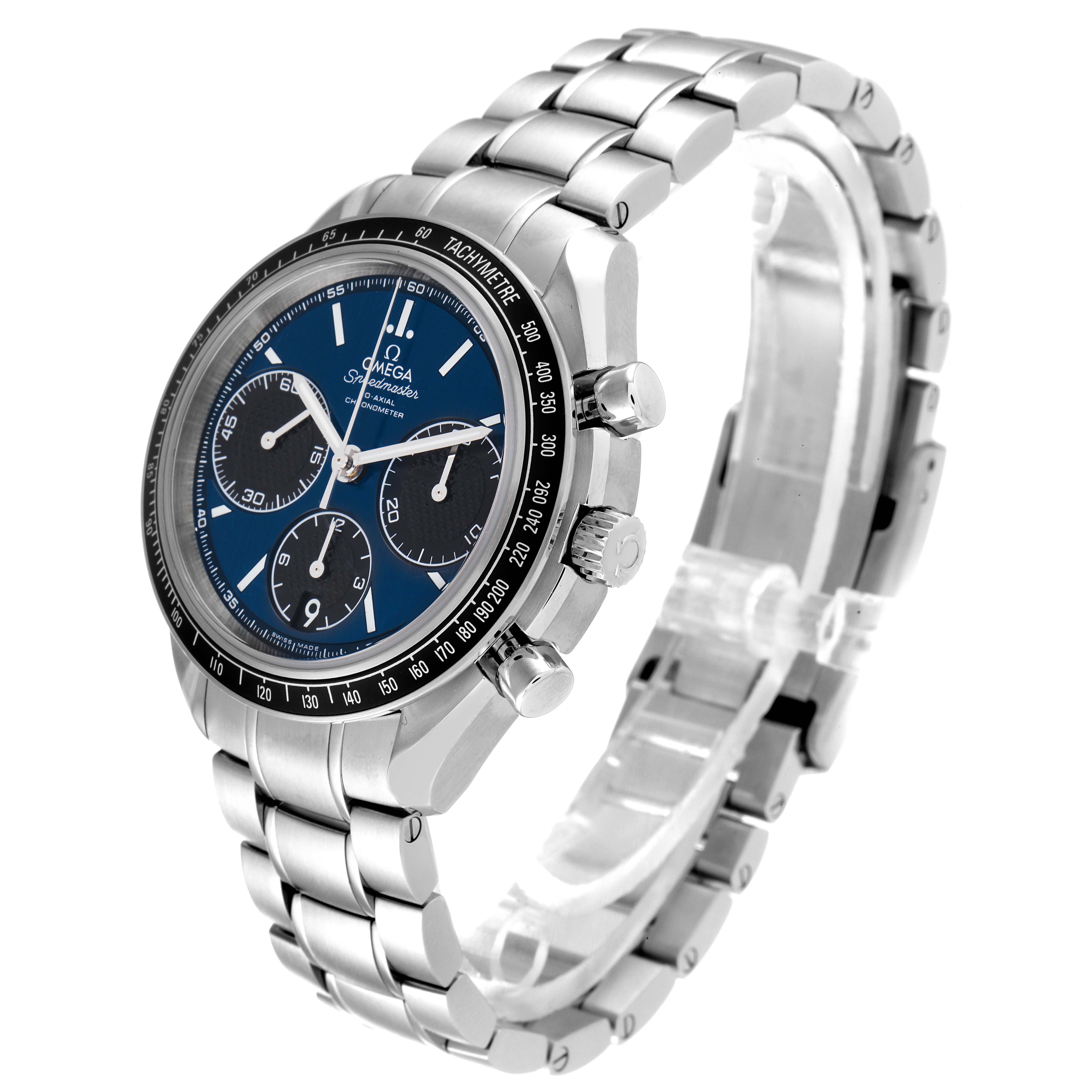 The image shows a side angle view of the Omega Speedmaster 326.30.40.50.03.001 Men
s Stainless Steel Blue Dial 326.30.40.50.03.001 Men
s Stainless Steel Blue Dial watch, displaying its band, bezel, and chronograph dials.