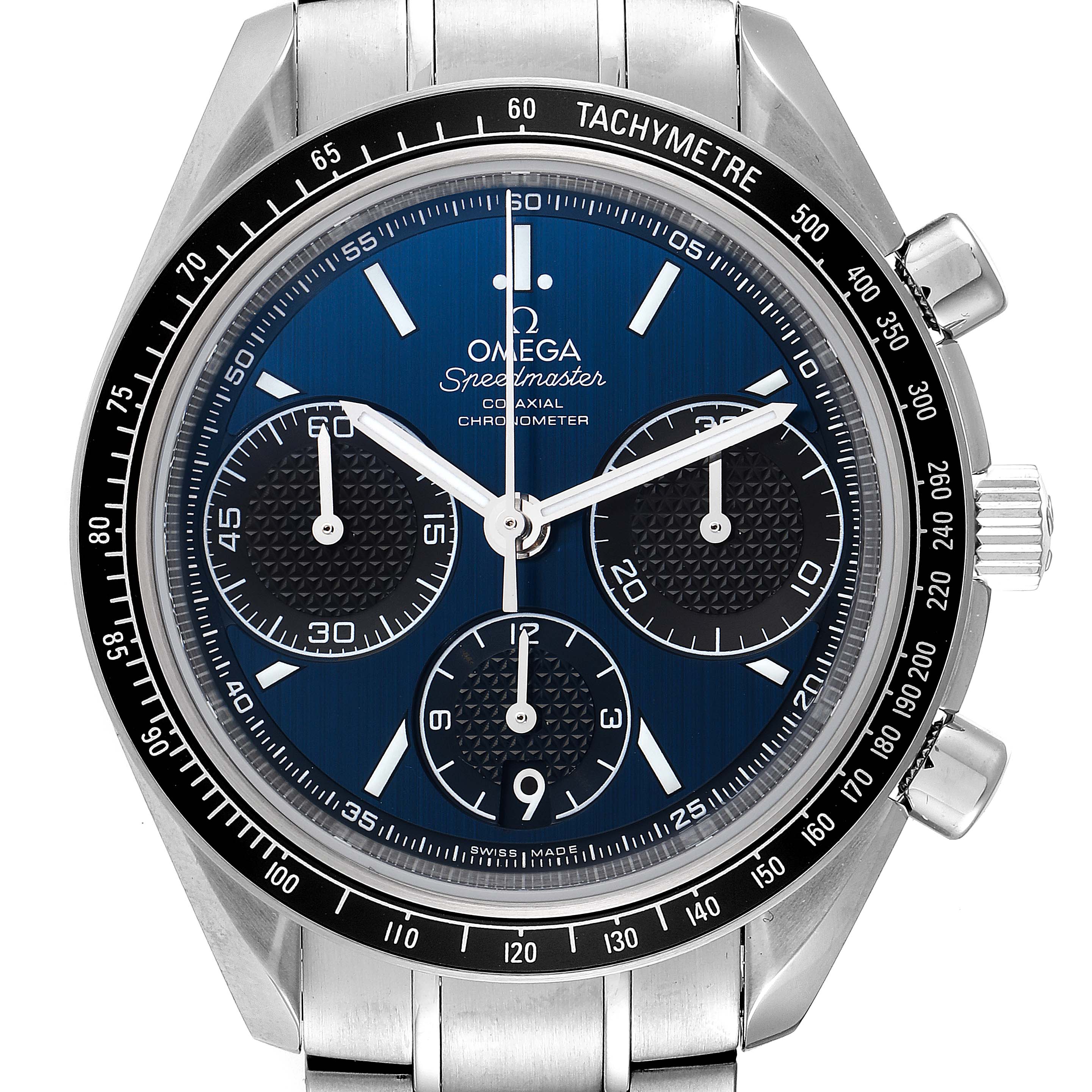 The image shows a front view of the Omega Speedmaster 326.30.40.50.03.001 Men
s Stainless Steel Blue Dial 326.30.40.50.03.001 Men
s Stainless Steel Blue Dial watch, highlighting its dial, bezel, and chronograph features.
