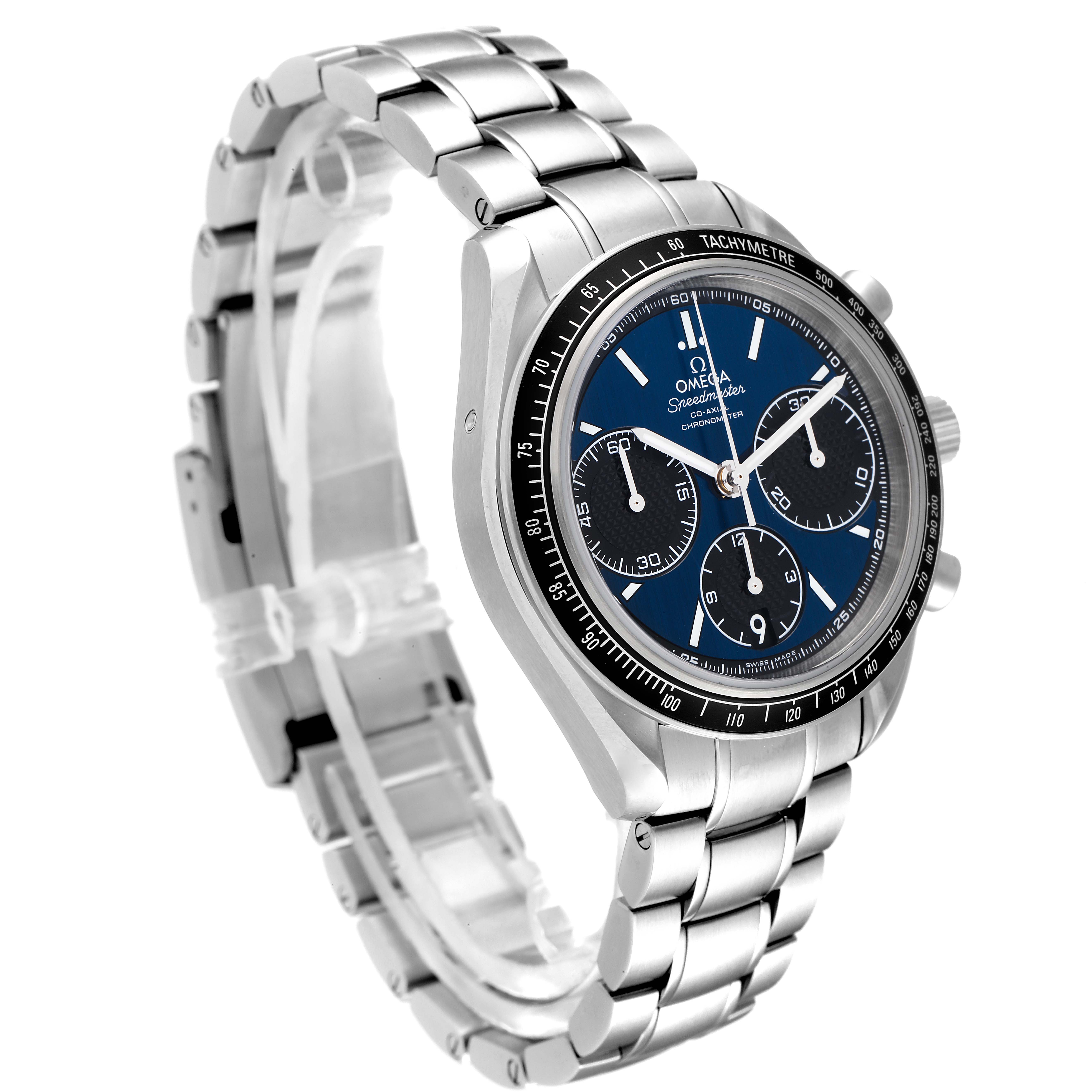 The image shows a side angle view of an Omega Speedmaster 326.30.40.50.03.001 Men
s Stainless Steel Blue Dial 326.30.40.50.03.001 Men
s Stainless Steel Blue Dial watch, highlighting the stainless steel bracelet and the chronograph dial.