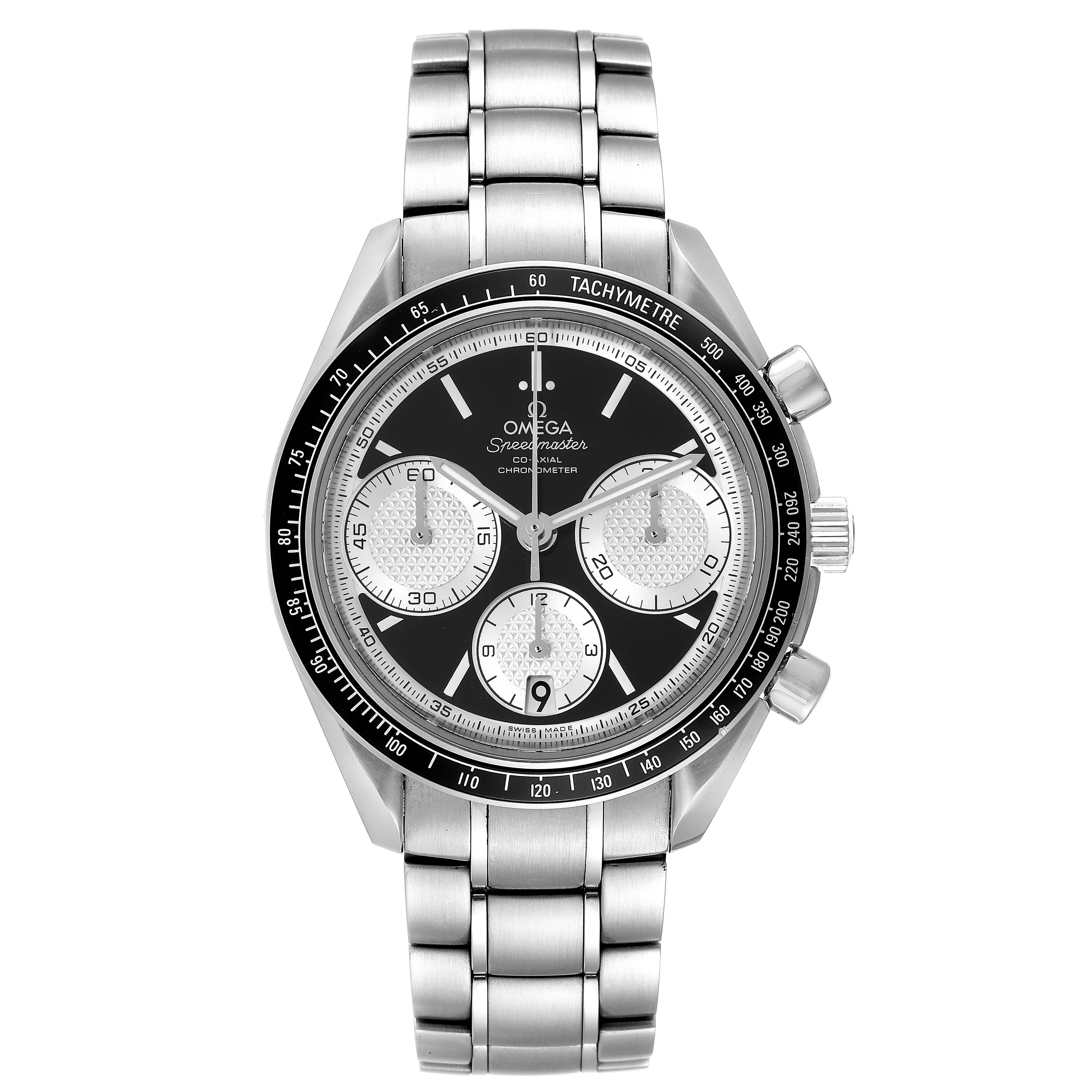 The Omega Speedmaster 326.30.40.50.01.002 Men's Stainless Steel Black Dial 326.30.40.50.01.002 Men's Stainless Steel Black Dial watch is shown from a front angle, displaying its face, chronographs, and metal bracelet.