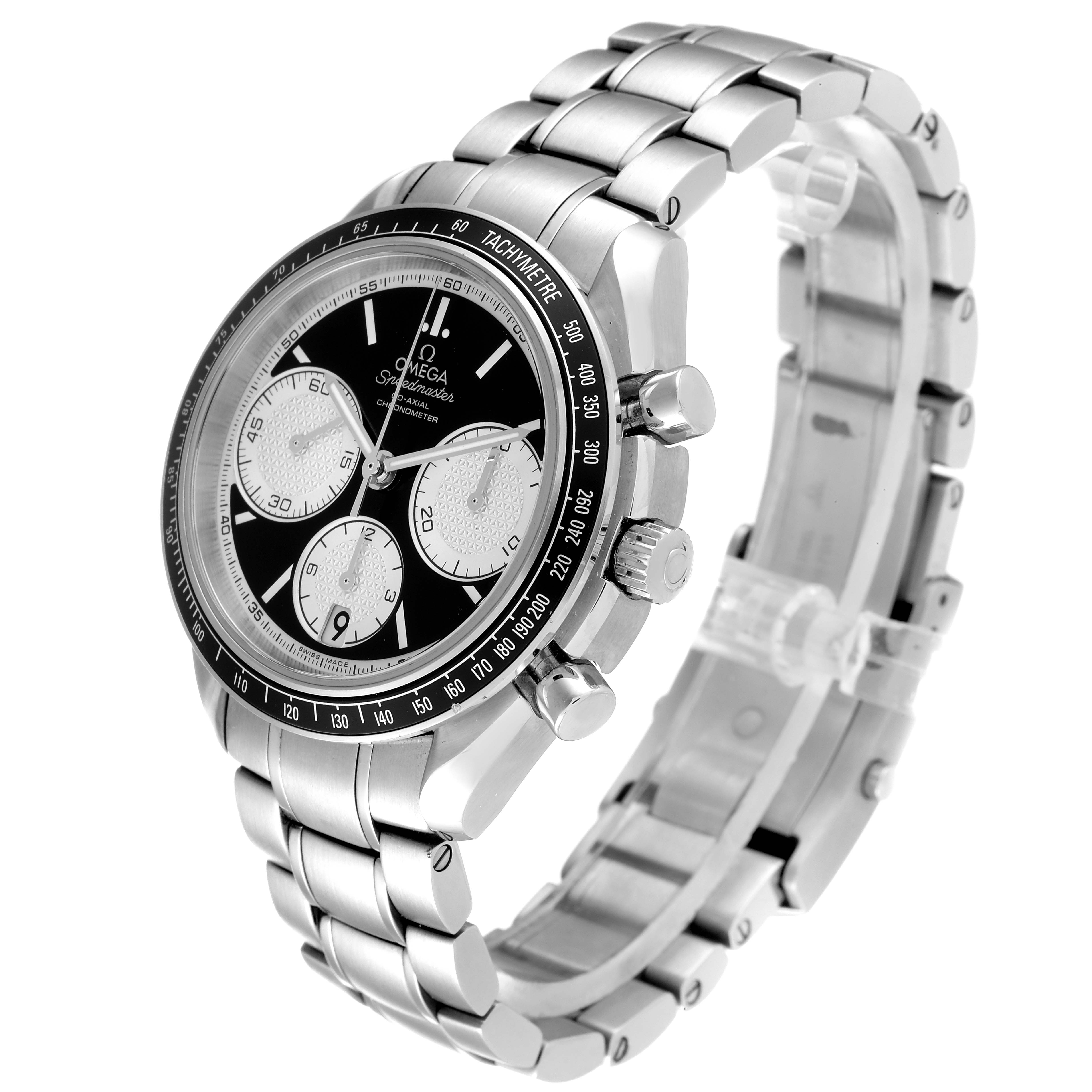 This image shows an angled view of an Omega Speedmaster 326.30.40.50.01.002 Men's Stainless Steel Black Dial 326.30.40.50.01.002 Men's Stainless Steel Black Dial watch, highlighting the watch face, bezel, crown, pushers, and stainless steel bracelet.