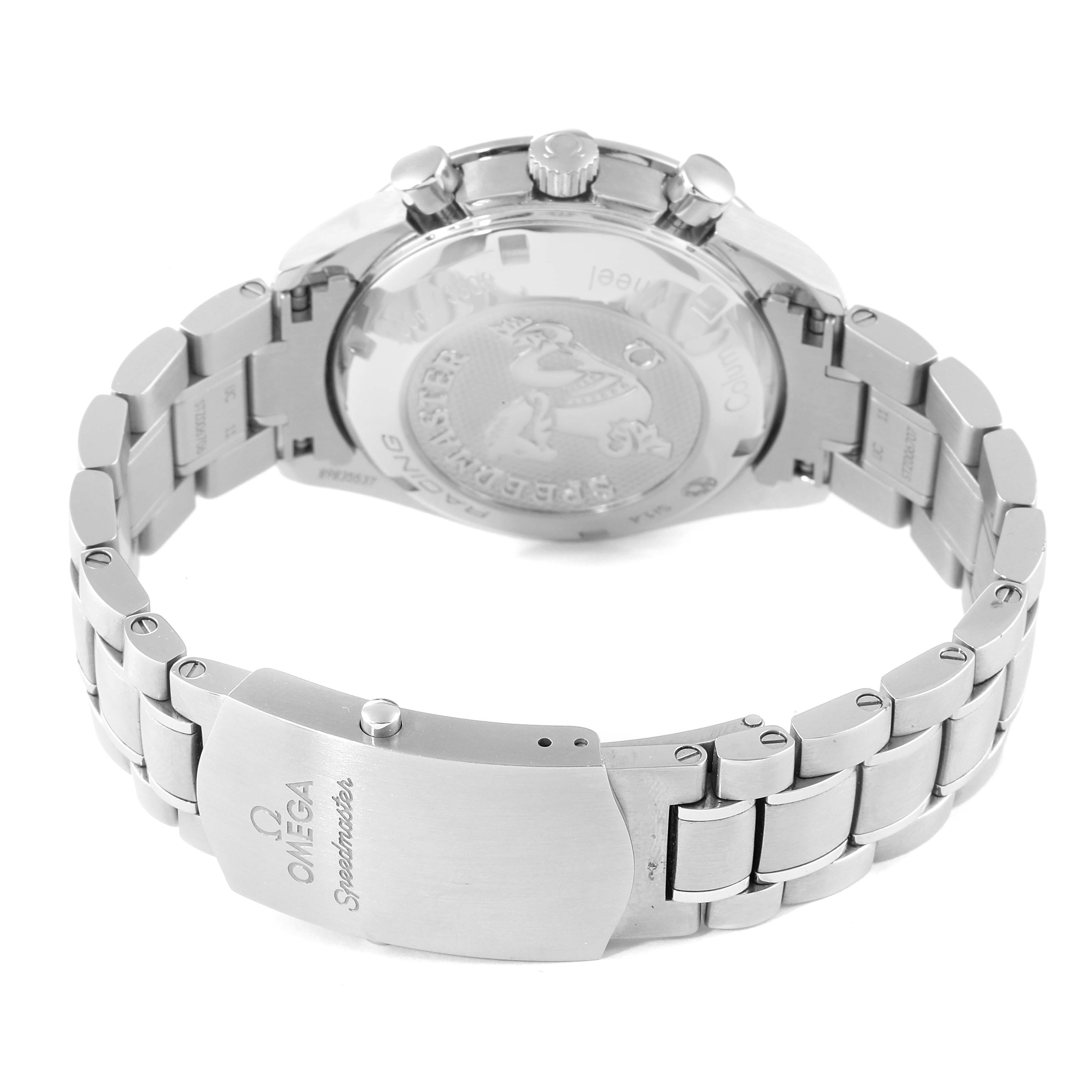 The Omega Speedmaster 326.30.40.50.01.002 Men's Stainless Steel Black Dial 326.30.40.50.01.002 Men's Stainless Steel Black Dial watch is shown from the back, displaying its case back, bracelet, and clasp.